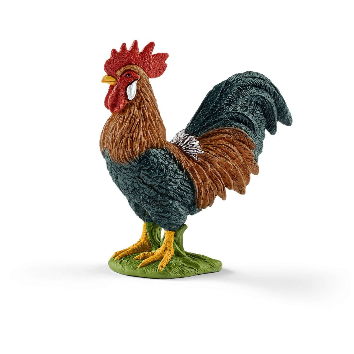 Figurina di gallo con cresta rossa, piume marroni e blu.