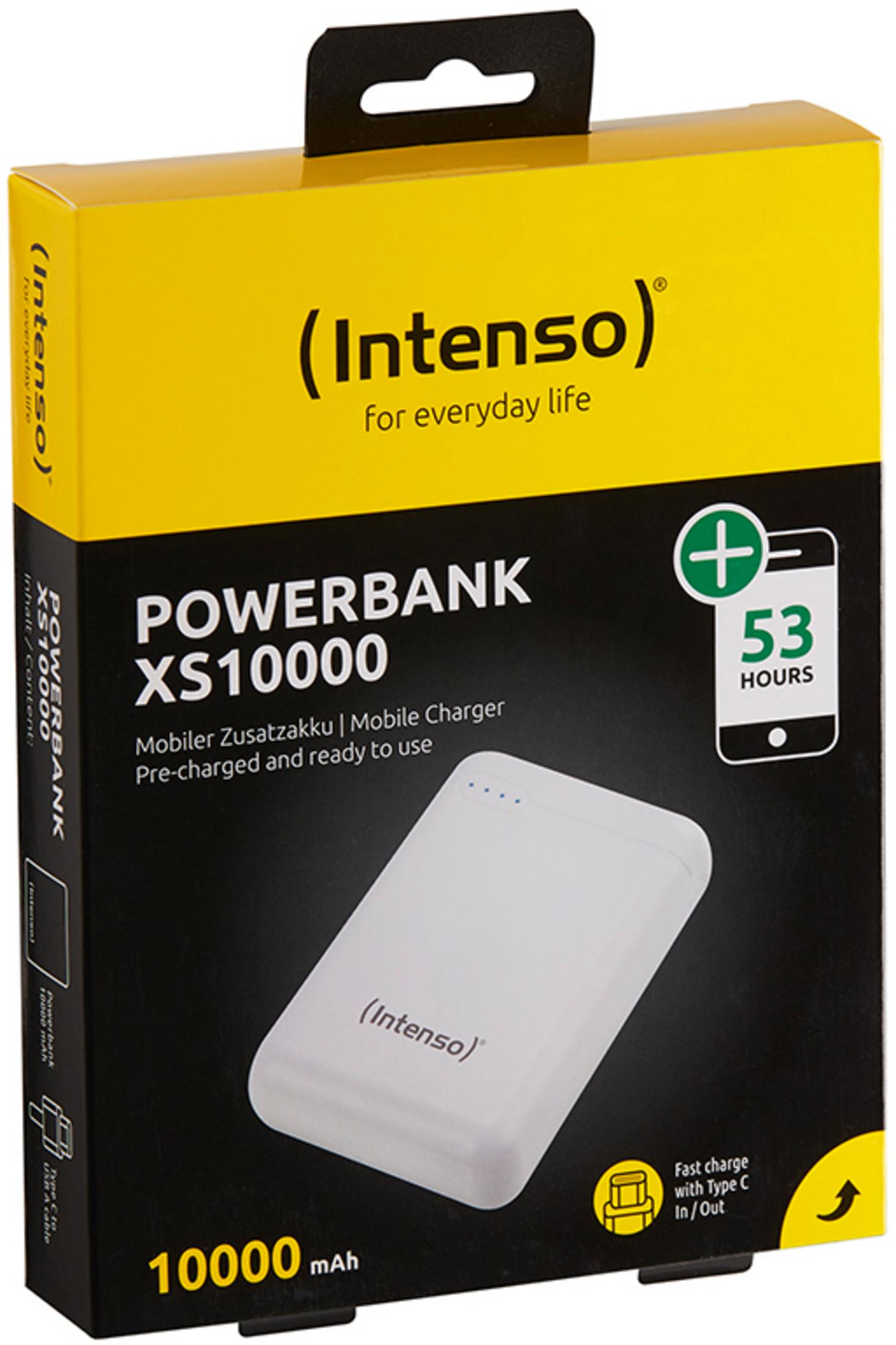 Eine weiße Powerbank in einer gelben Box. Text auf der Box weist auf eine 10000-mAh-Powerbank hin.