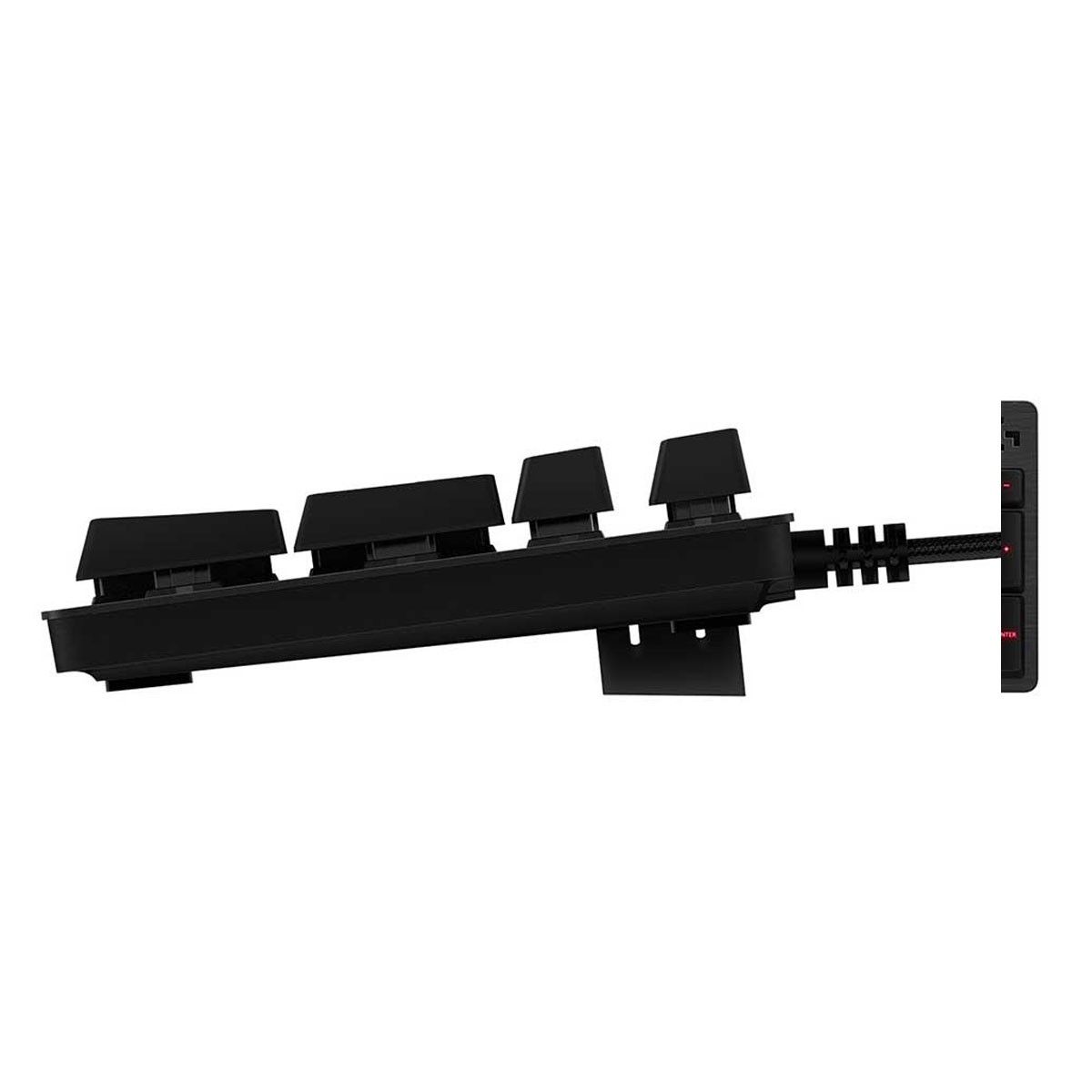 Schwarze mechanische Tastatur, Seitenansicht, mit sichtbaren Tasten und einem Anschlusskabel.