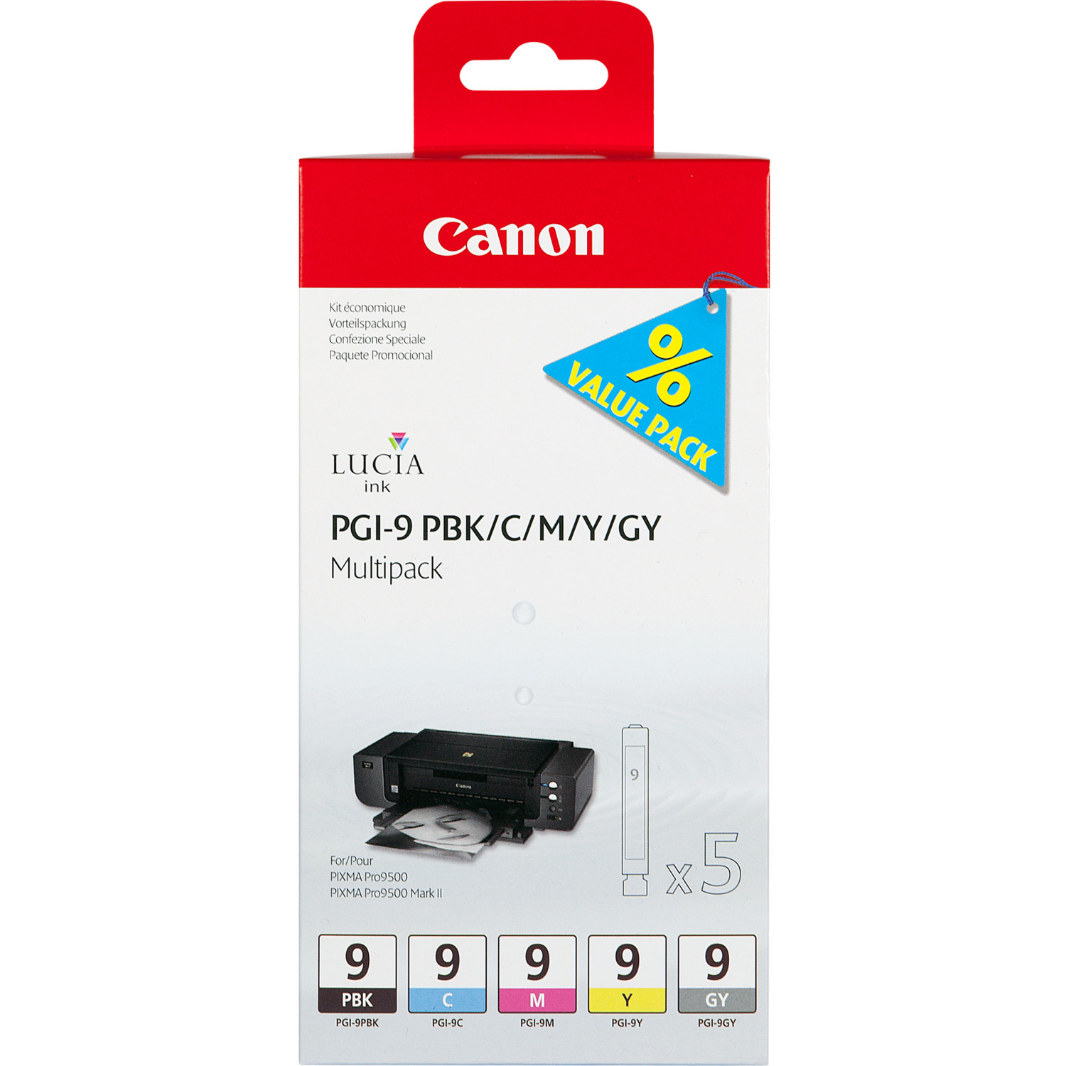 Een Canon inktcartridge multipack doos. De doos is rood en wit, met verschillende inktcartridges zichtbaar.