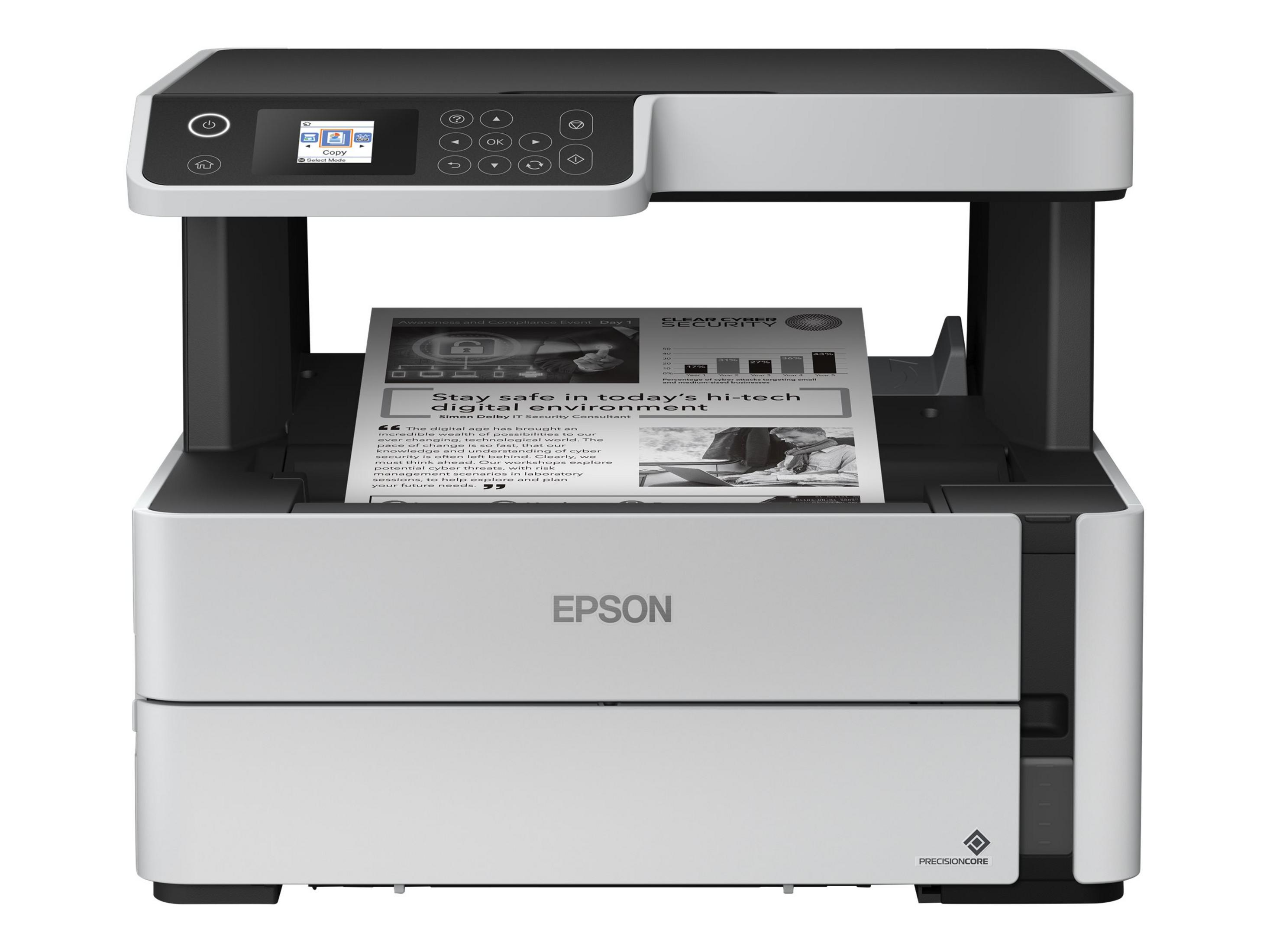 Drukarka Epson drukuje dokument z tekstem o środowisku cyfrowym.