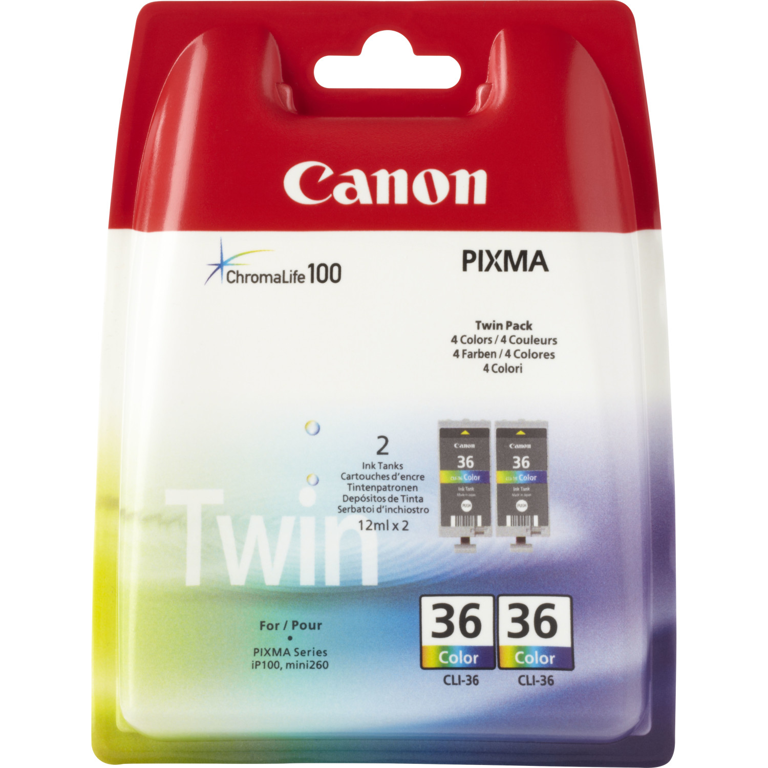 Cartucce d'inchiostro per stampanti Canon in confezione doppia, confezione rossa e gialla.