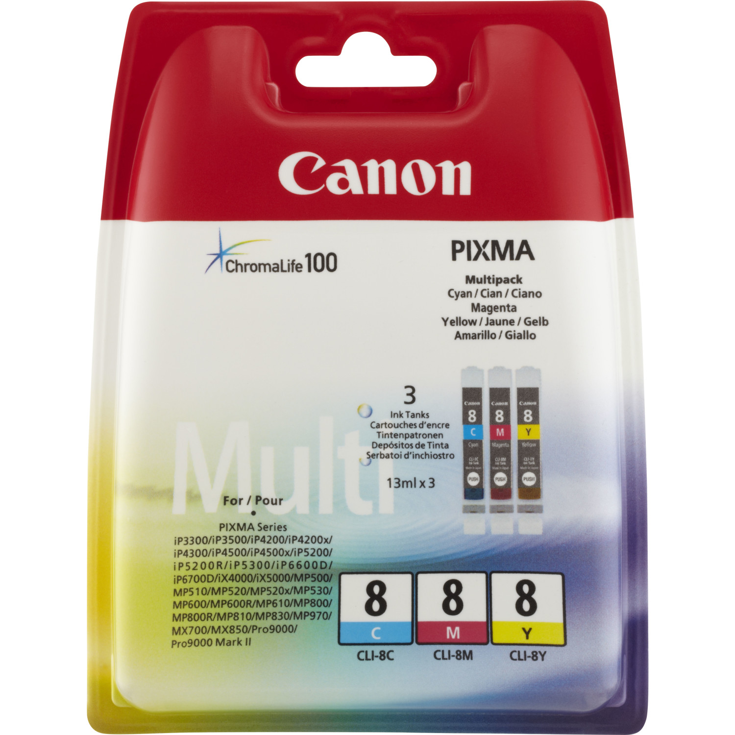 Ein Canon Tintenpatronen-Multipack. Die Verpackung ist rot und weiß, mit drei sichtbaren Tintenpatronen.