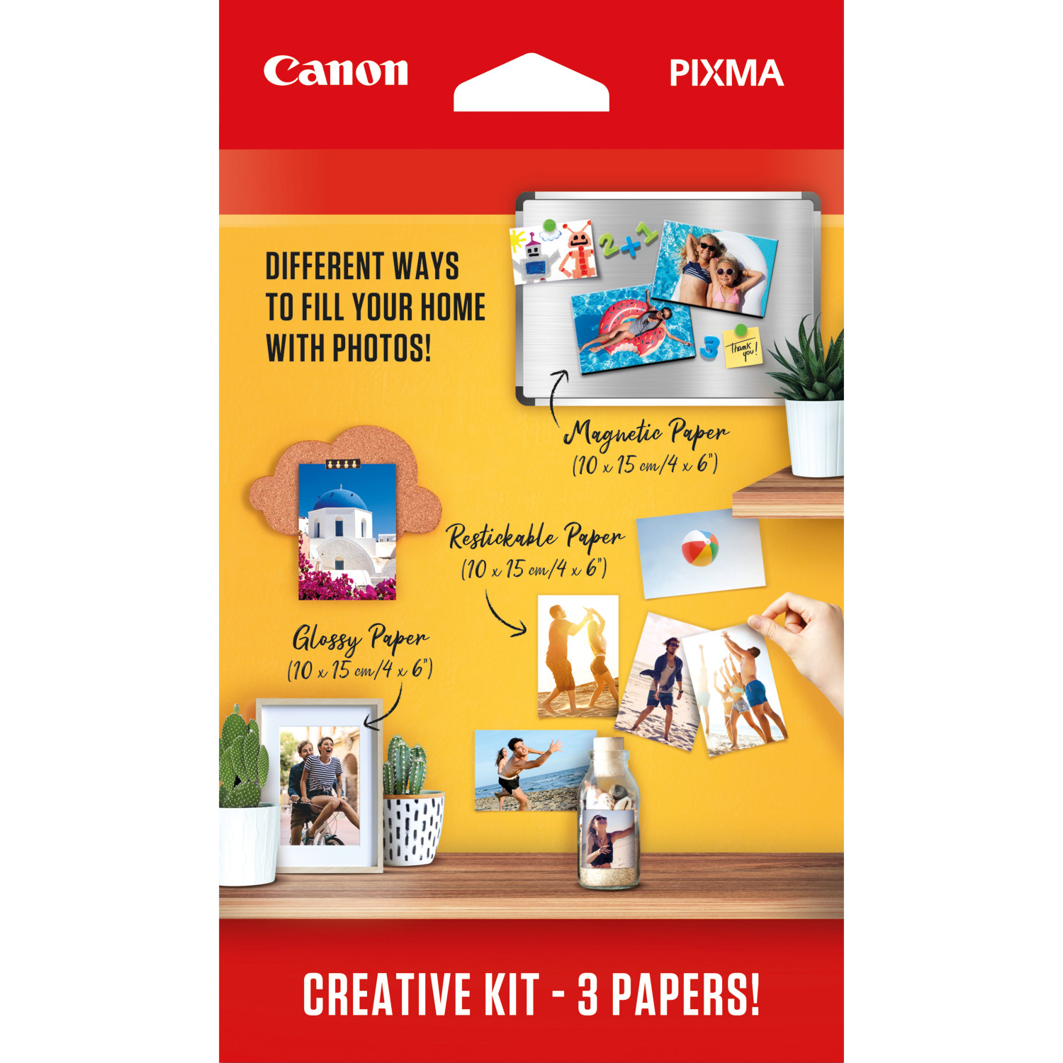 Canon Creative Kit Verpackung. Enthält glänzendes, wiederablösbares und Magnetpapier. Gelber Hintergrund.