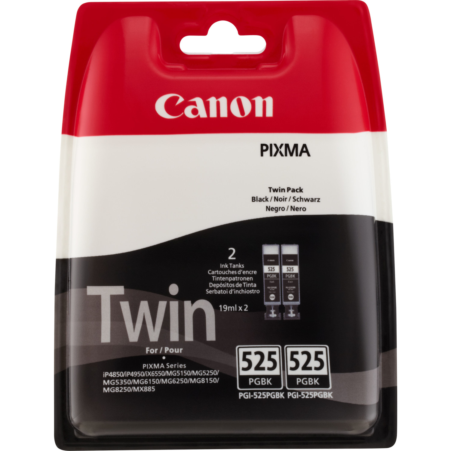 Canon Pixma Tinten-Twinpack in einer Kunststoffverpackung. Schwarz-rotes Farbschema.