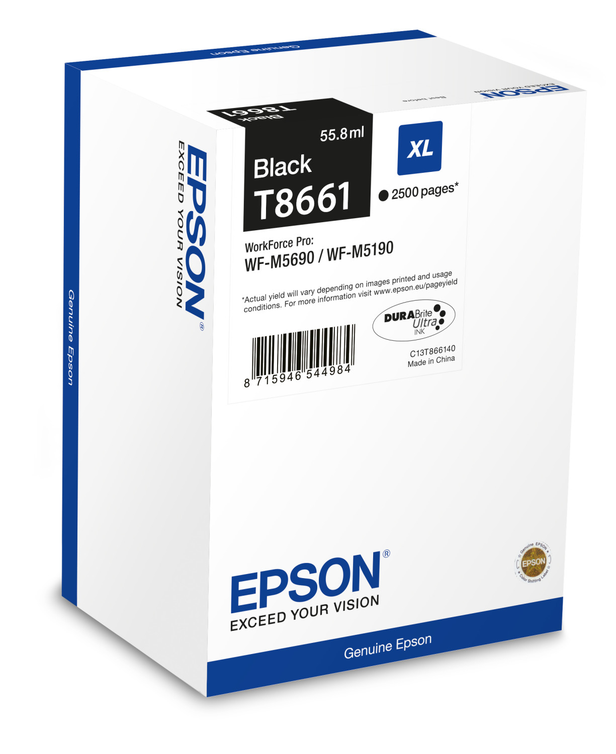 Caja de cartucho de tinta negra Epson. Caja blanca con el logotipo y detalles.