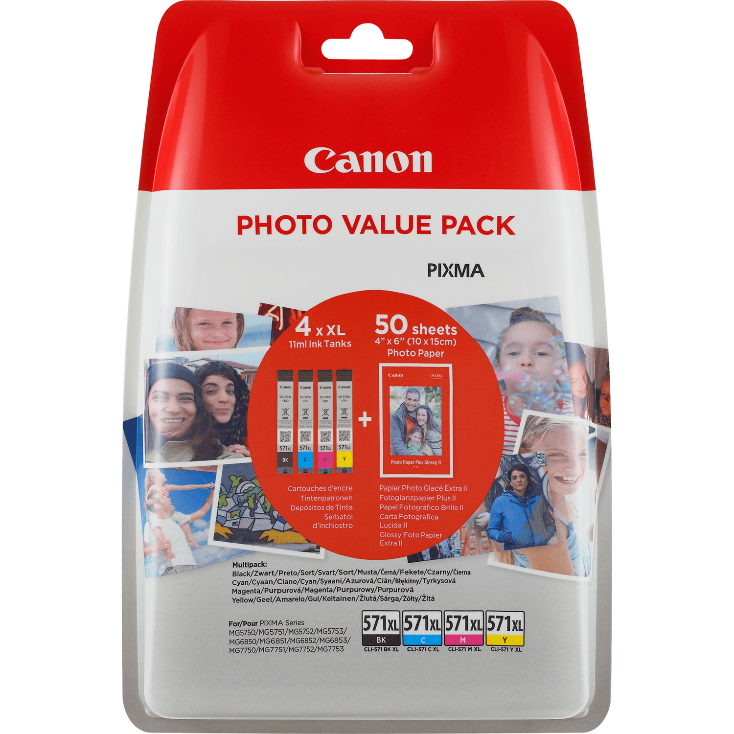 Canon Fotowertpaket mit Tintenpatronen und Fotopapier, Bilder von Menschen, weißer Hintergrund.