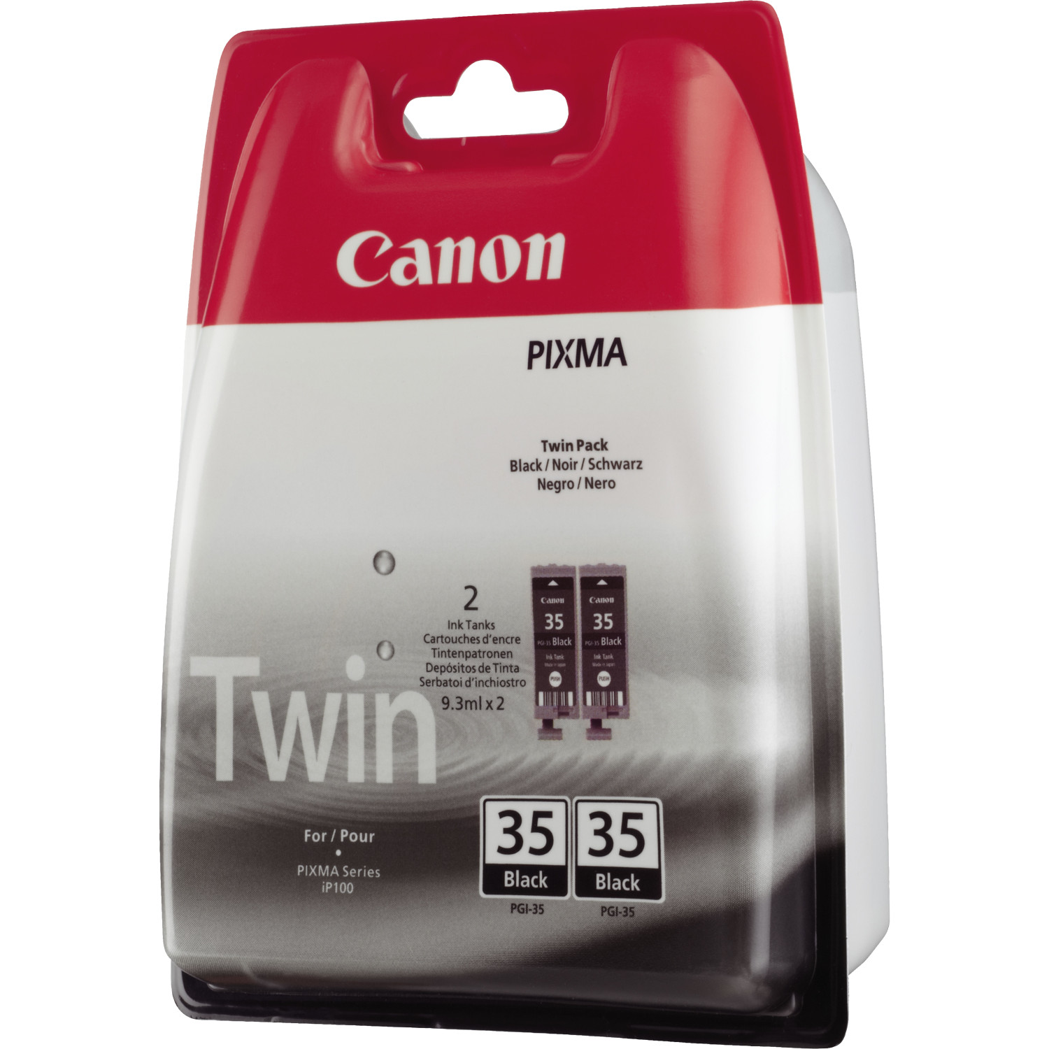 Ein Canon Twin Pack Tintenpatrone. Die Verpackung ist rot und weiß, mit zwei schwarzen Tintenpatronen.