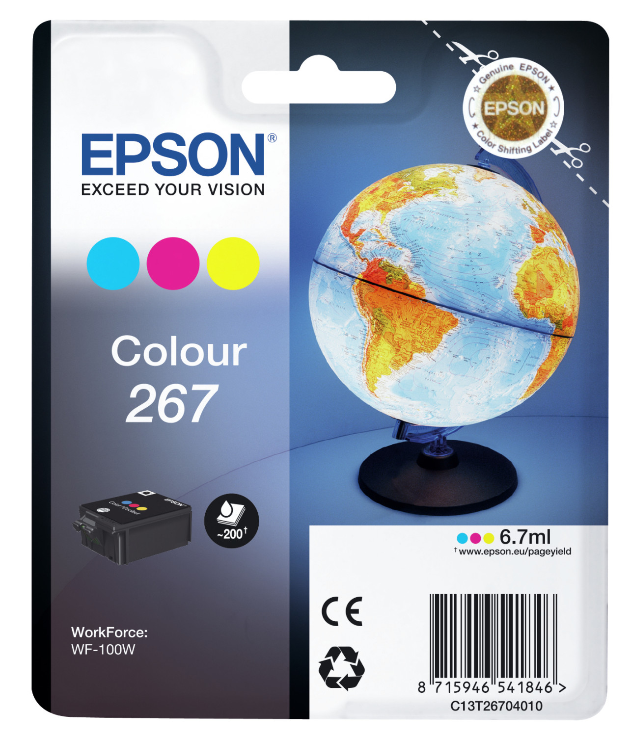 Cartuccia d'inchiostro Epson con colori ciano, magenta e giallo, e un'illustrazione del globo.