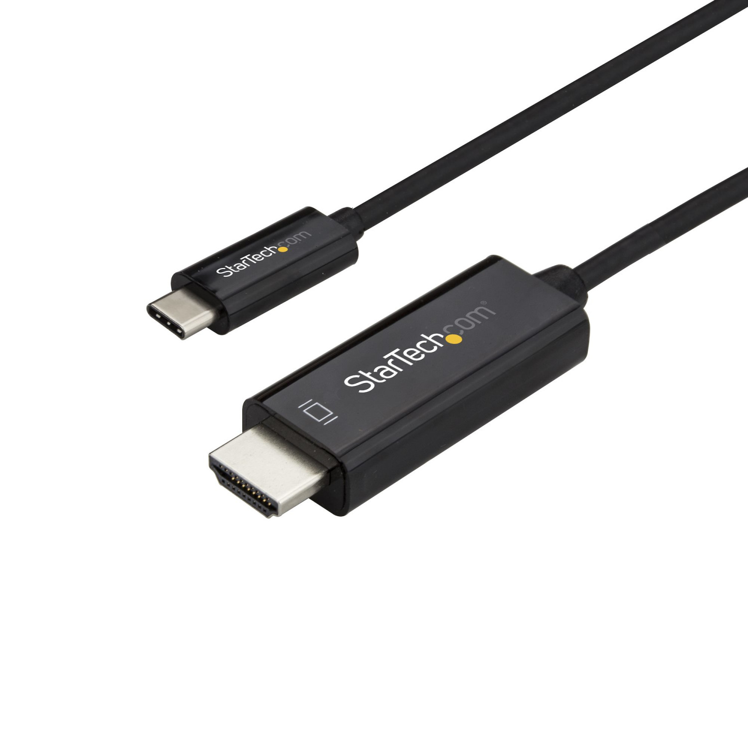 Un cable StarTech negro con un conector USB-C y un conector HDMI. Fondo blanco.