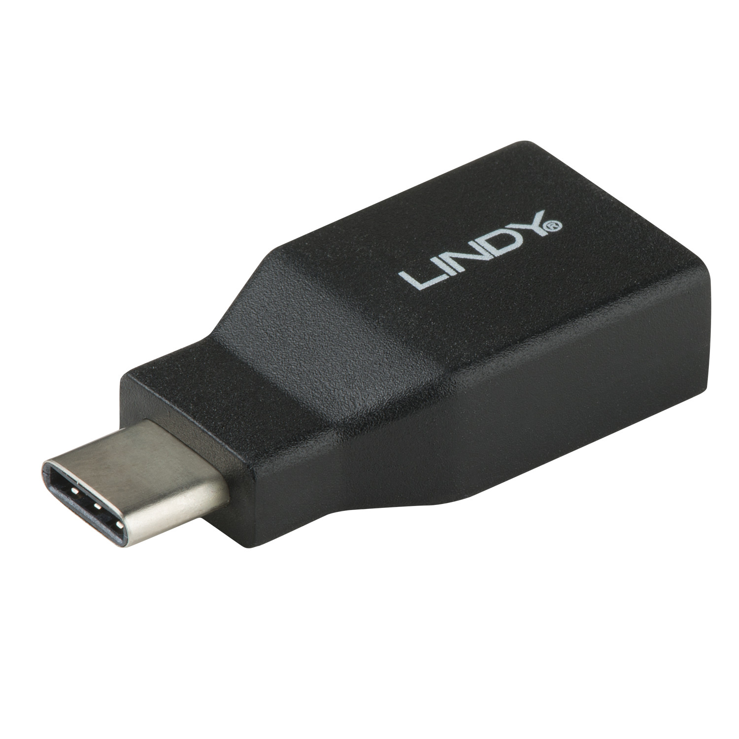 Czarny adapter USB-C. Adapter ma port USB-C i prostokątny korpus z marką LINDY.