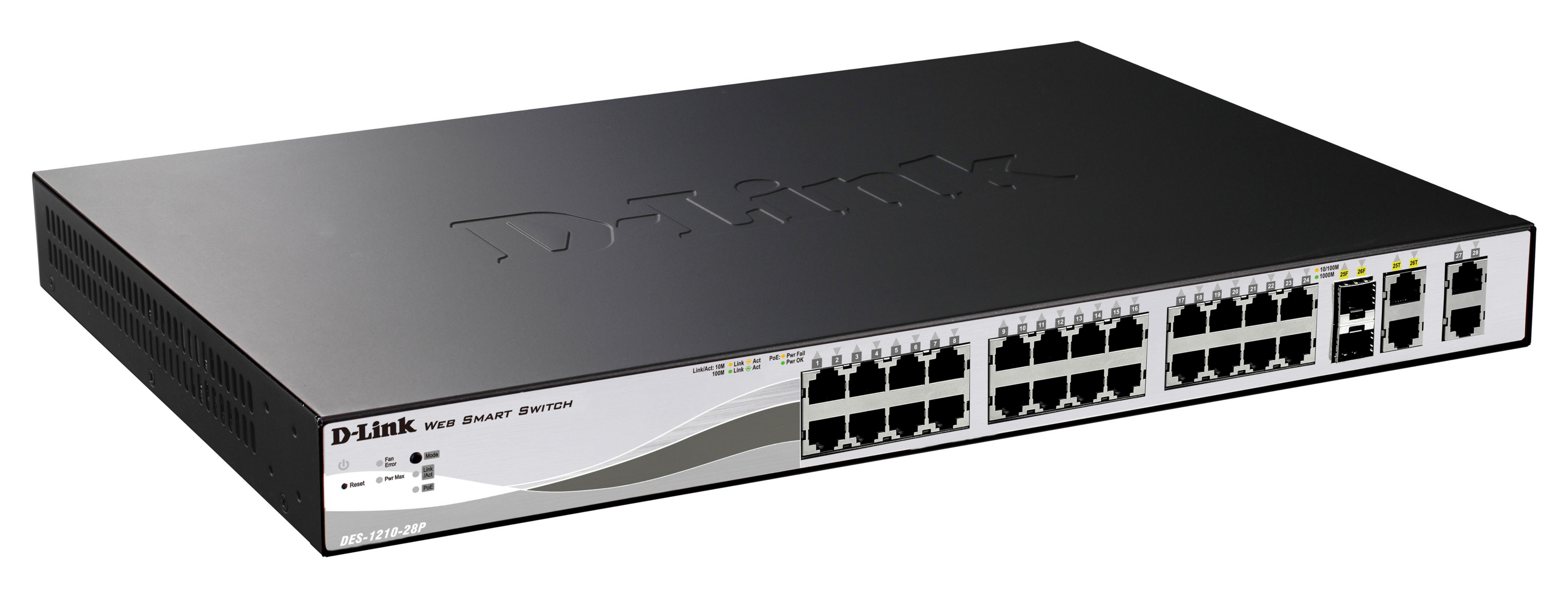 Schwarzer D-Link Smart Switch. Mehrere Anschlüsse und Kontrollleuchten sind sichtbar.