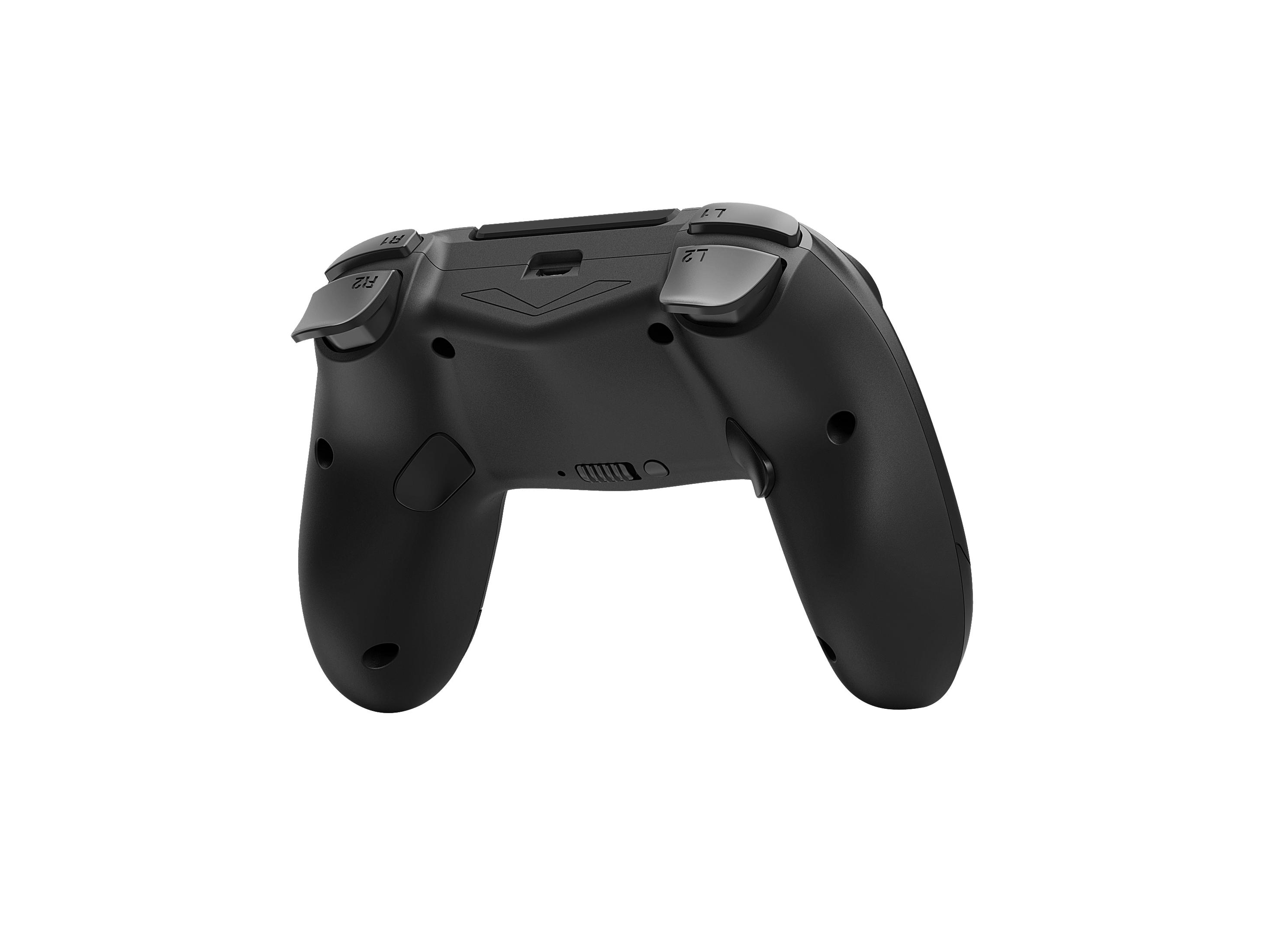 Controller di gioco nero, vista posteriore, con pulsanti e grilletti visibili.
