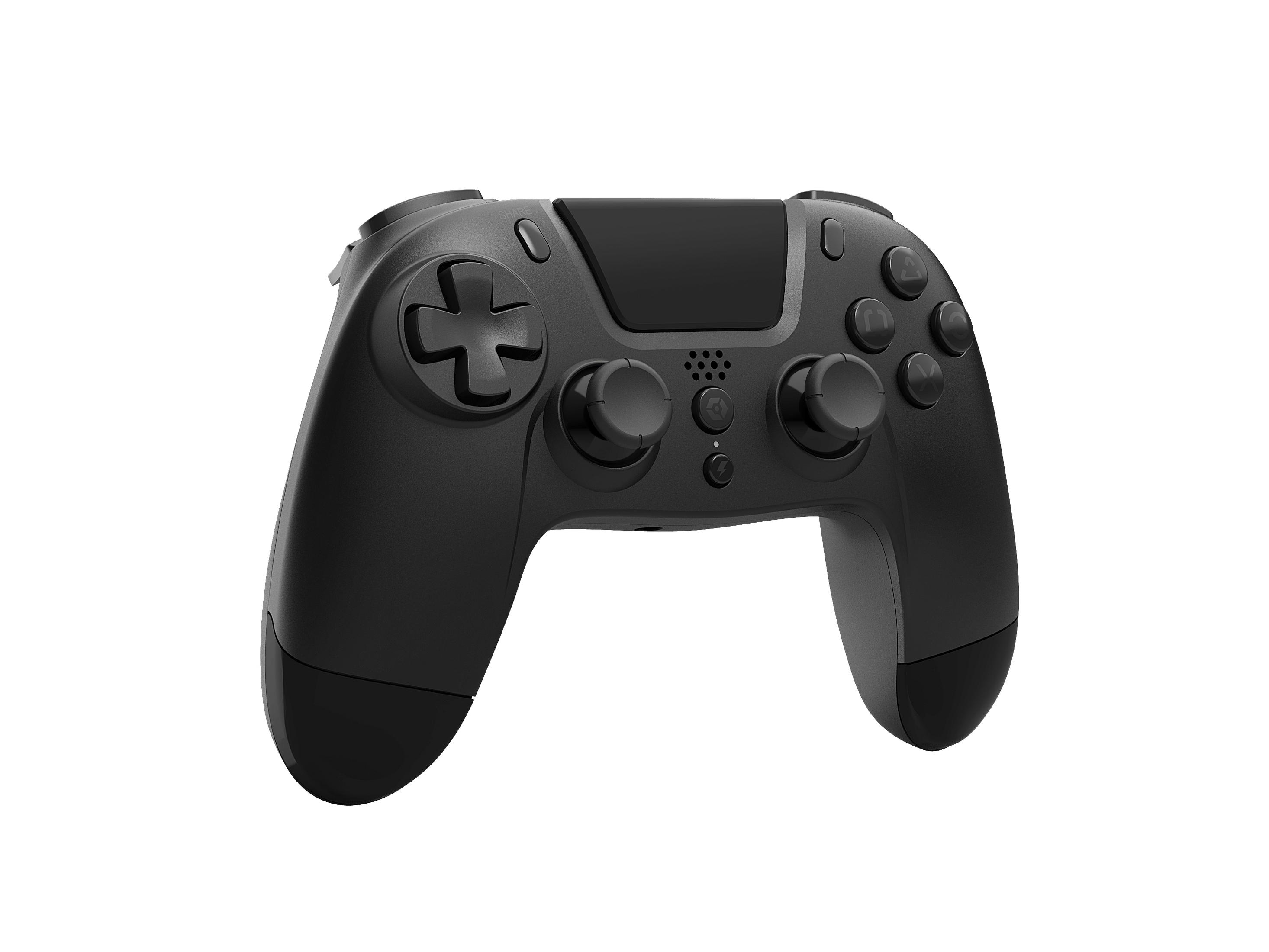 Controller di gioco nero con pulsanti e pad direzionale a croce, isolato su bianco.