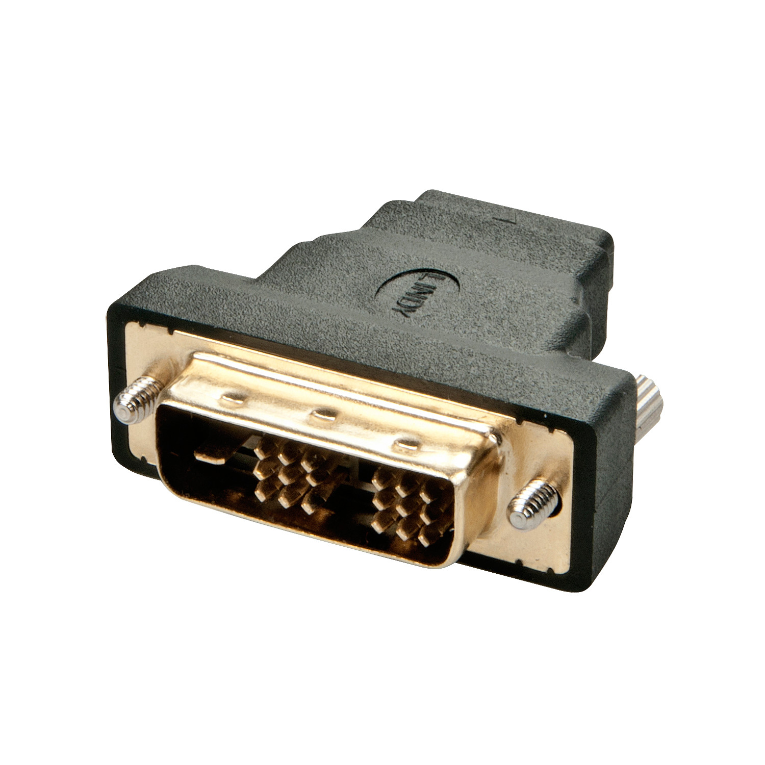 Adattatore da DVI a VGA. Adattatore nero con connettori oro e argento. Viti visibili.