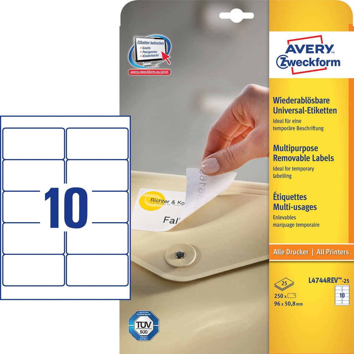 Avery-Etiketten werden von einem Bogen abgezogen. Etiketten sind auf hellbeigem Hintergrund.