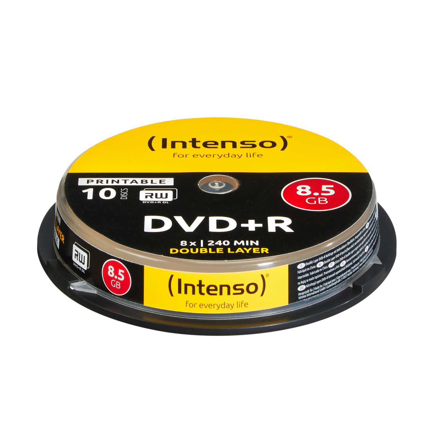 Dysk DVD+R, żółto-czarna etykieta, 8,5 GB, w czarnym etui, białe tło, marka Intenso.