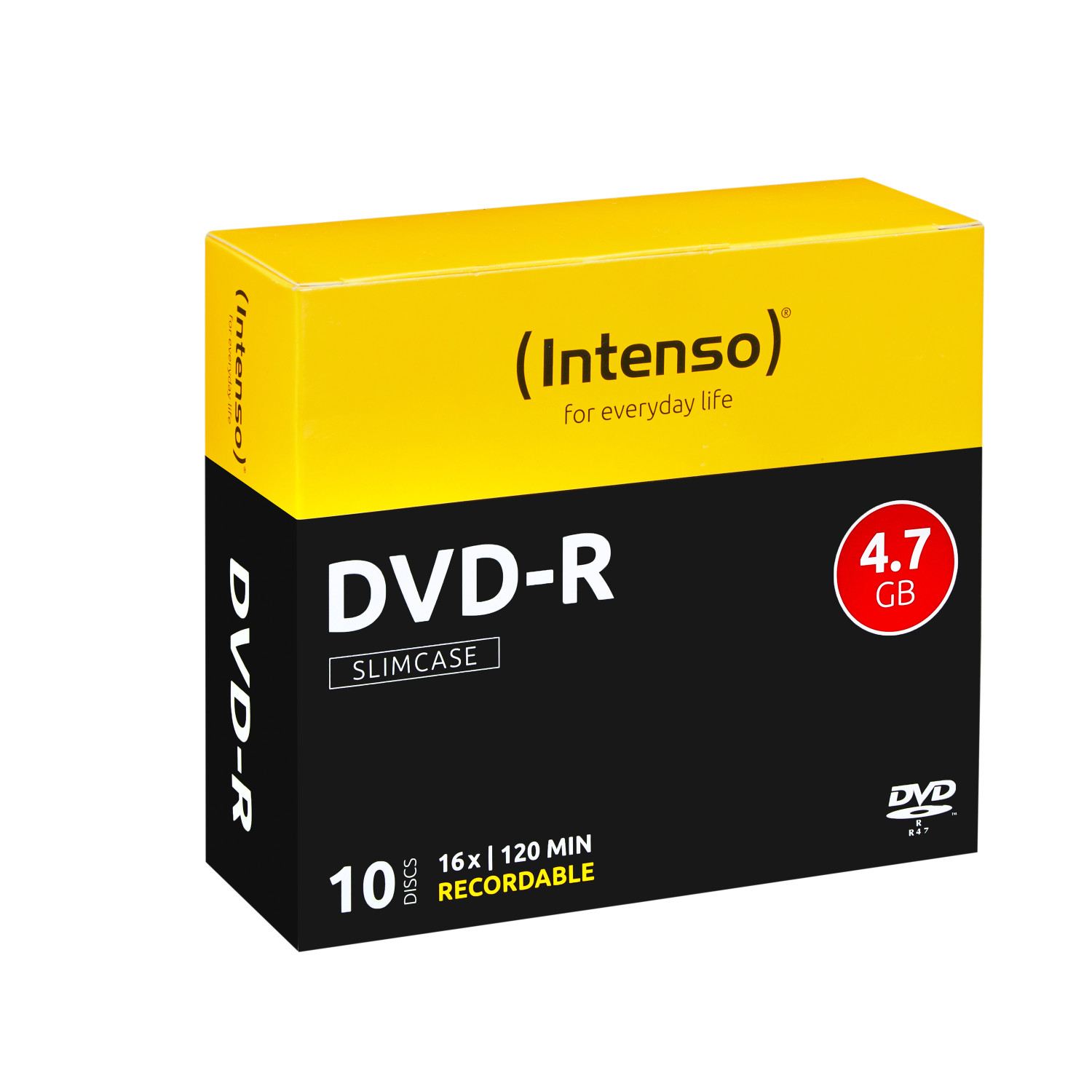 Pudełko na płyty DVD-R z napisem 'Intenso', 10 płyt, 4,7 GB i 120 min nagrywania.