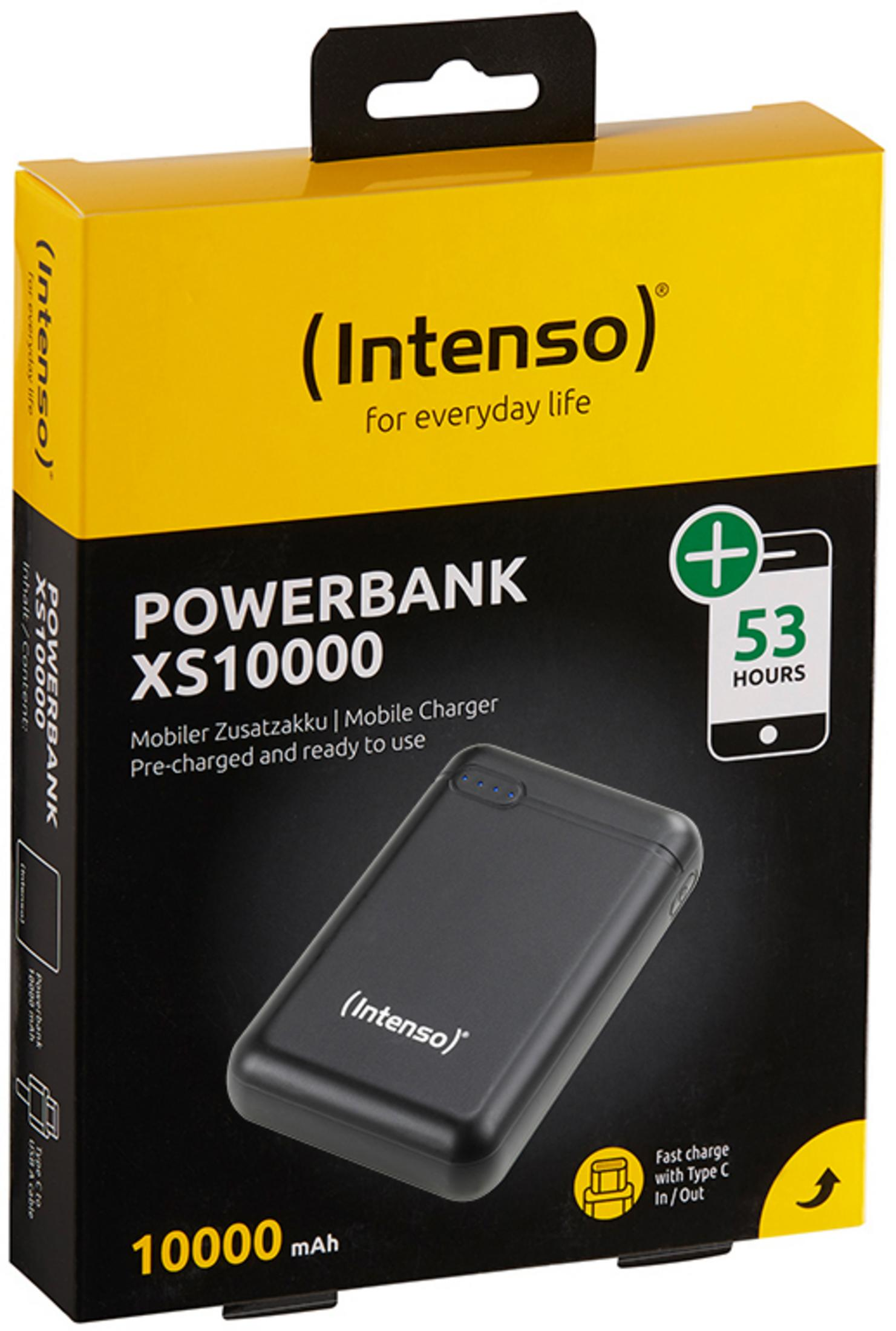 Batería externa negra con caja amarilla. Texto: Powerbank XS10000, 10000 mAh.