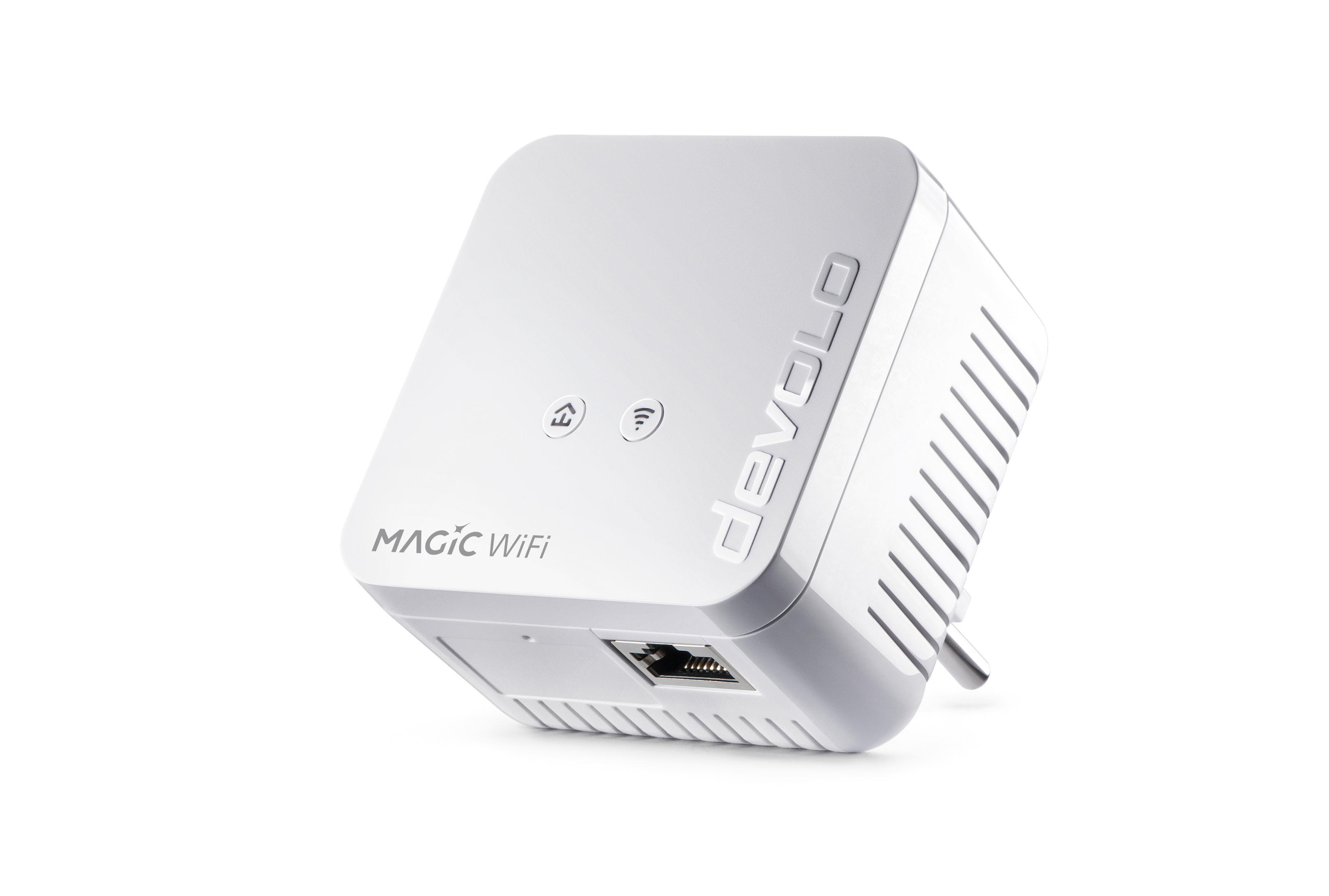 Biały adapter Devolo Magic WiFi z anteną, przyciskami i portem ethernet, na białym tle.