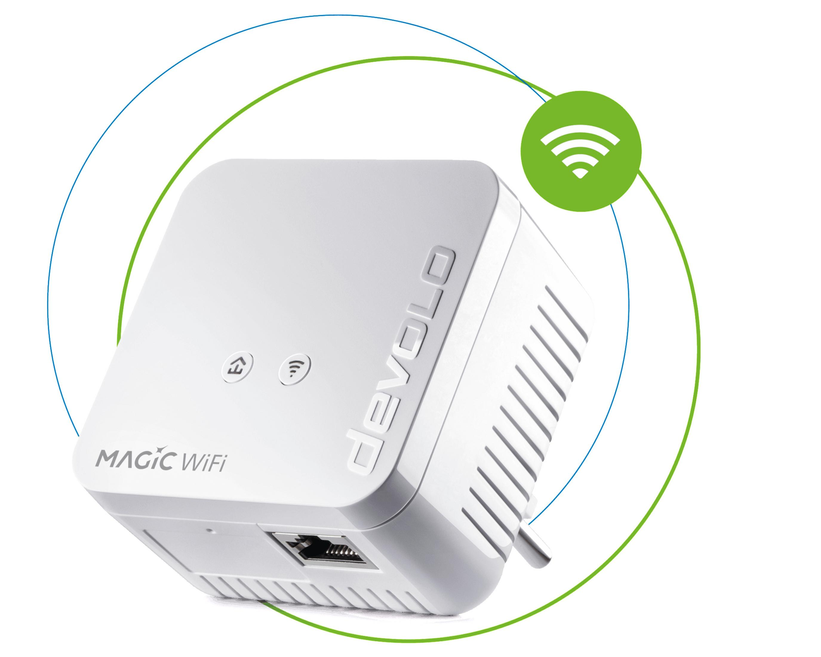 Białe urządzenie Devolo Magic WiFi z zielonym symbolem WiFi i niebiesko-zielonym okrągłym wzorem.