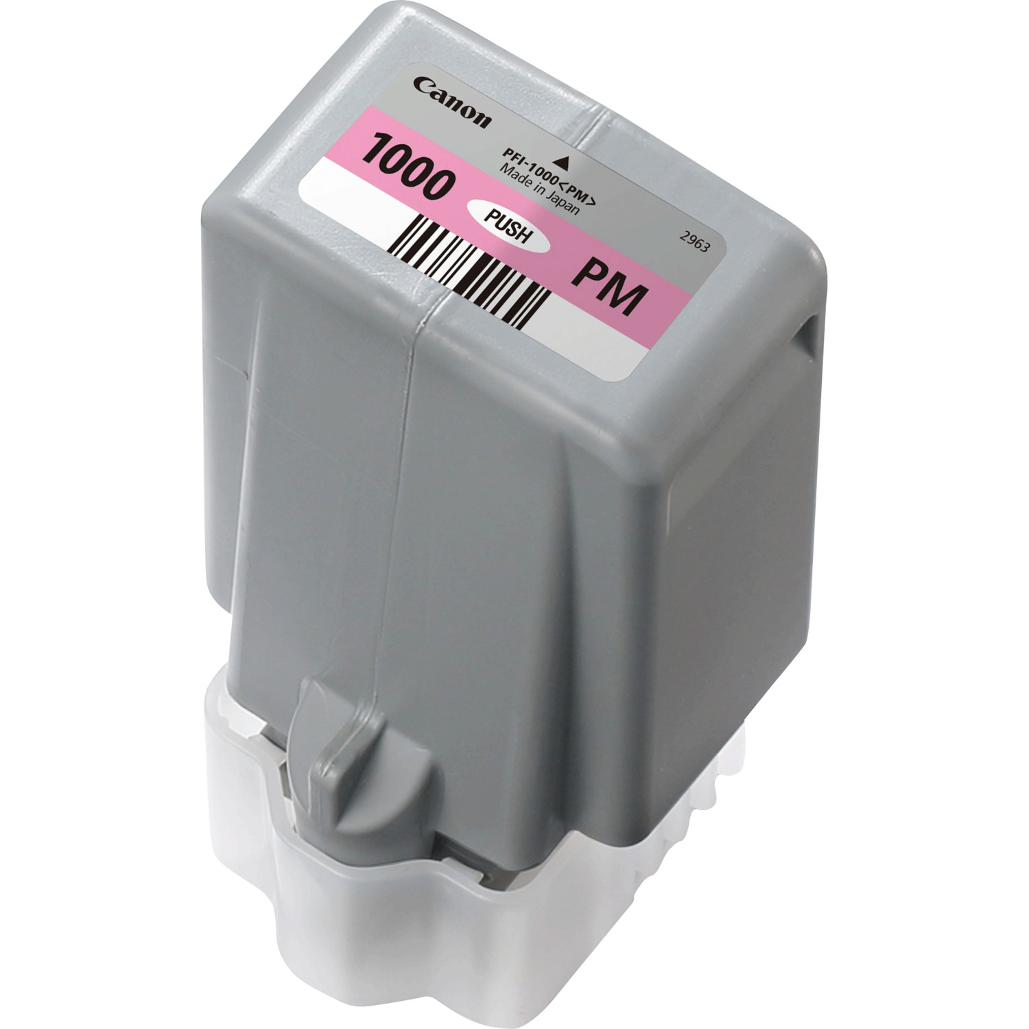 Gray Canon ink cartridge with pink label. White base. Canon logo visible.
