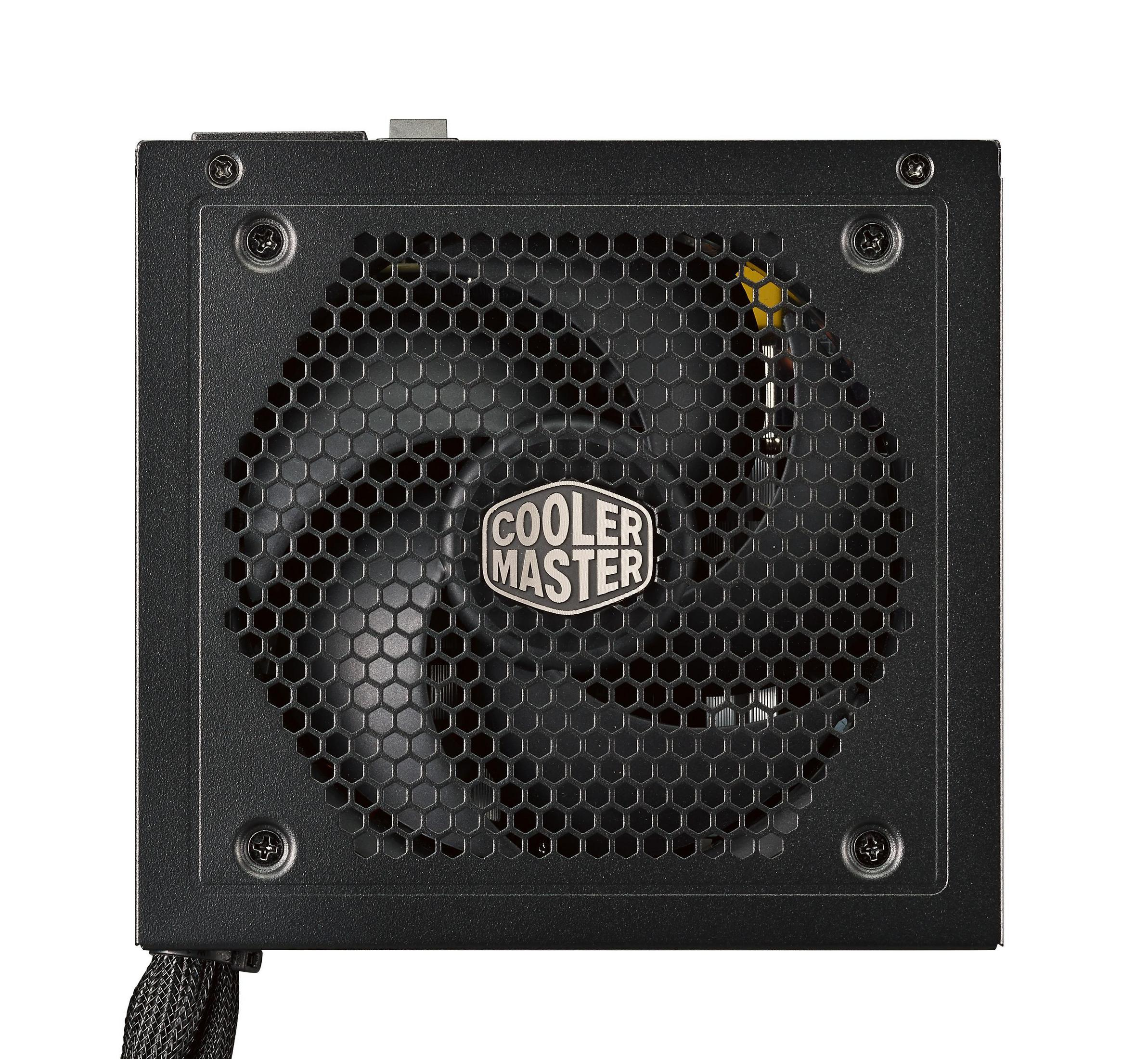 Black Cooler Master power supply with a honeycomb fan grill.
