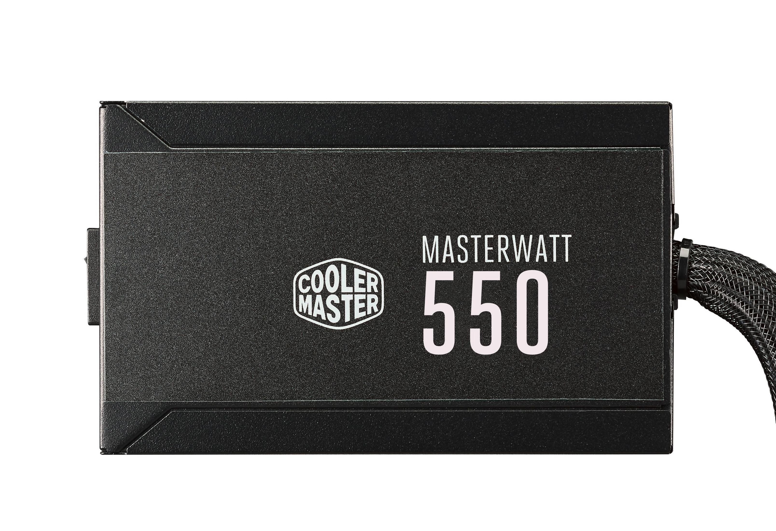 Black Cooler Master MasterWatt 550 power supply unit, top view, on white background.