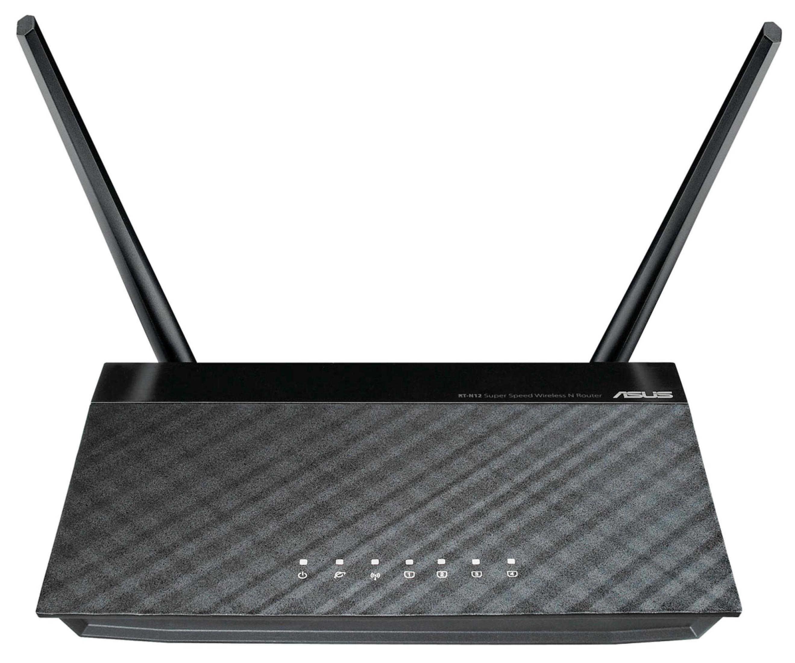Schwarzer Router mit zwei Antennen. Der Router hat LED-Leuchten und den Markennamen ASUS.