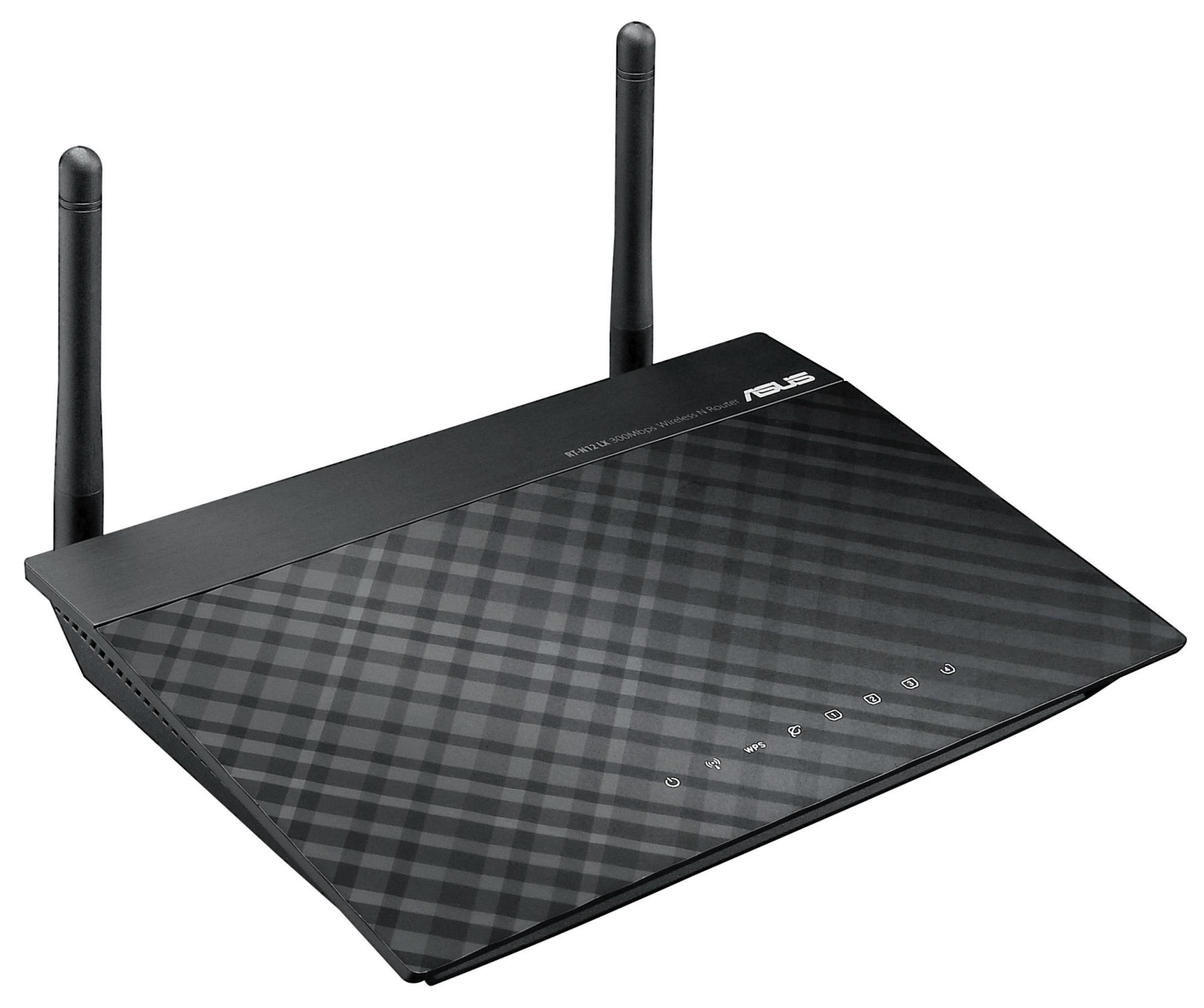 Asus WLAN-Router. Schwarz, mit zwei Antennen oben, und mehreren Lichtern vorne.