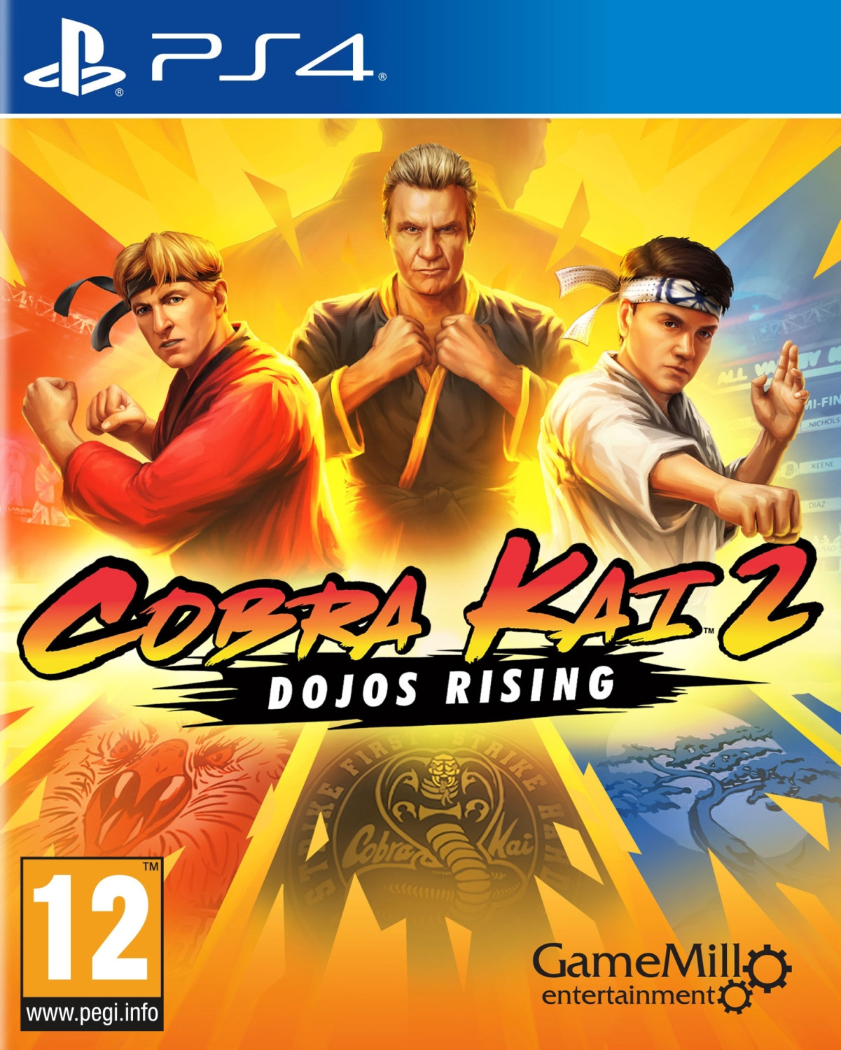 Cobra Kai 2: Dojo Rising, portada del juego PS4 con tres personajes.