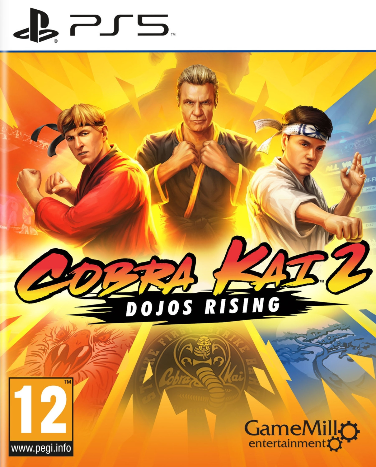 Portada del juego Cobra Kai 2: Dojos Rising para PS5, con tres personajes y logo.