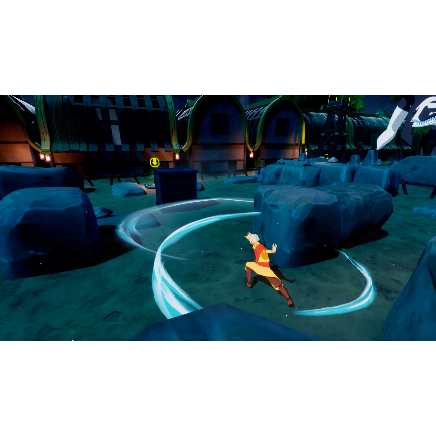 Personaje Avatar con atuendo naranja y amarillo, realizando un movimiento de control de agua en un pueblo.