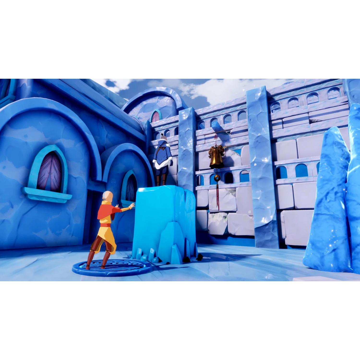 Una escena de dibujos animados de una fortaleza de hielo azul con dos figuras y una campana.