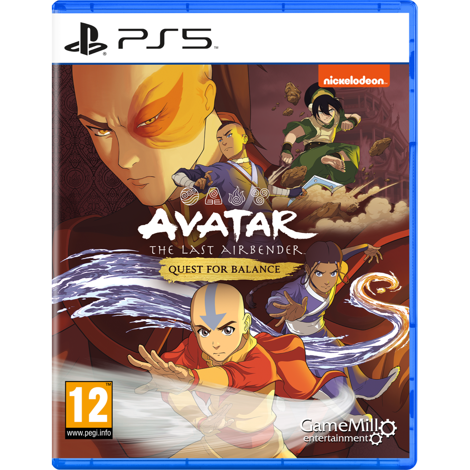 Caja del juego Avatar: El Último Maestro Aire para PS5. Ilustraciones de personajes y título del juego.