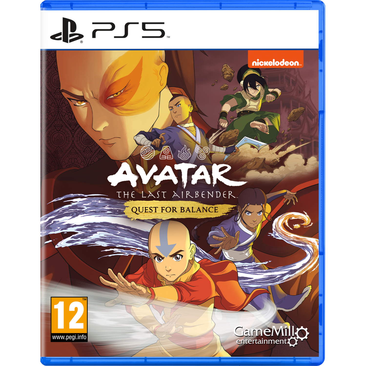 Avatar: El Último Maestro Aire, Quest for Balance, portada del juego PS5 con personajes.
