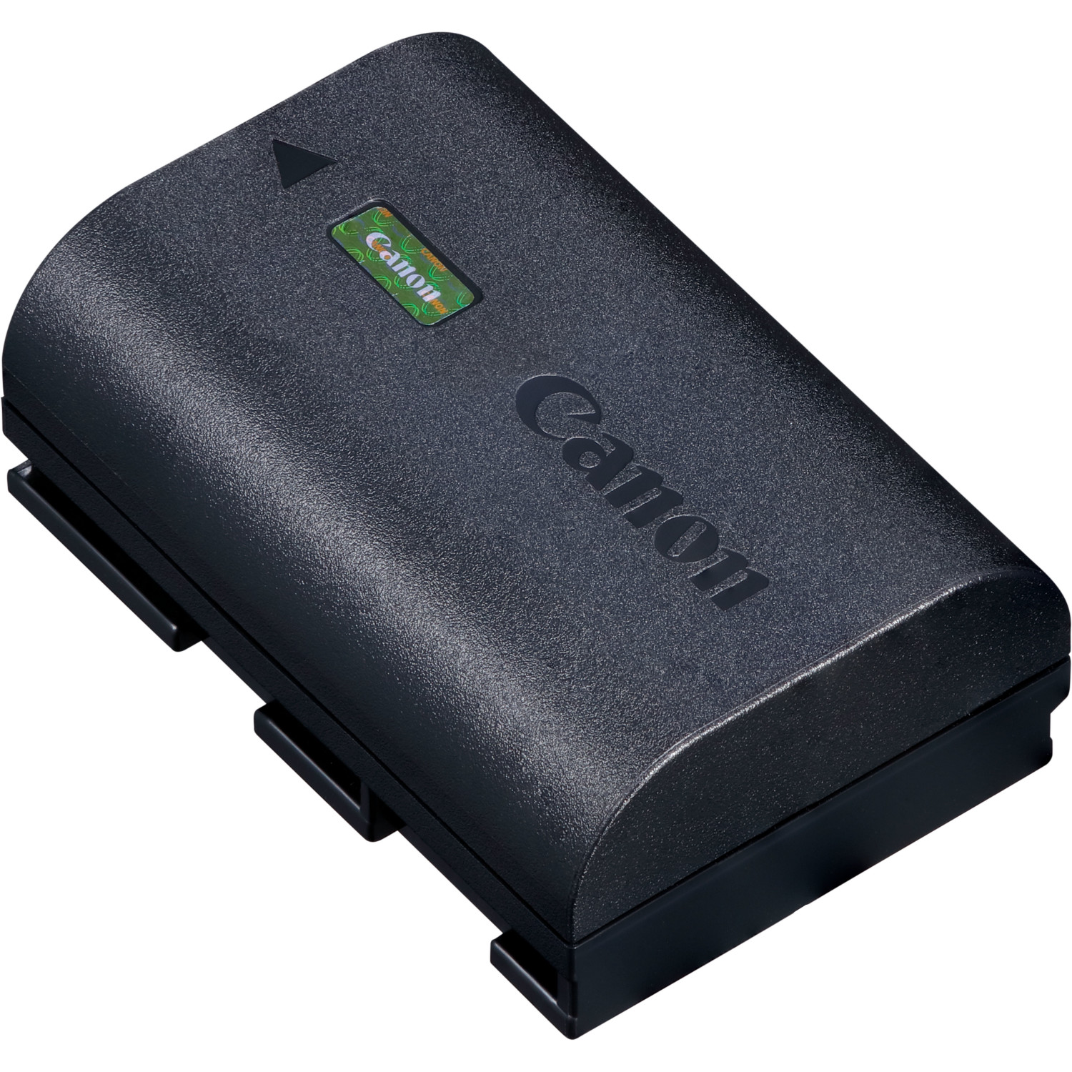 Una batería de cámara Canon, negra con un logotipo verde de Canon.
