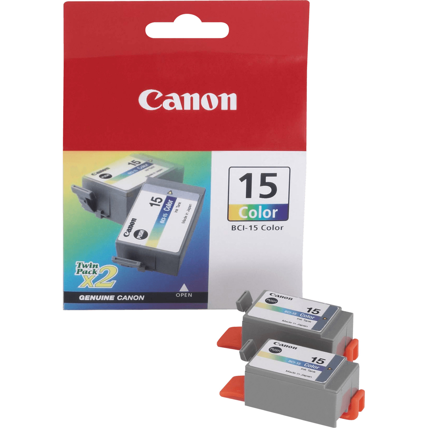 Canon inktcartridges in een doos, met twee cartridges zichtbaar, met label 15 Color, en het Canon-logo.