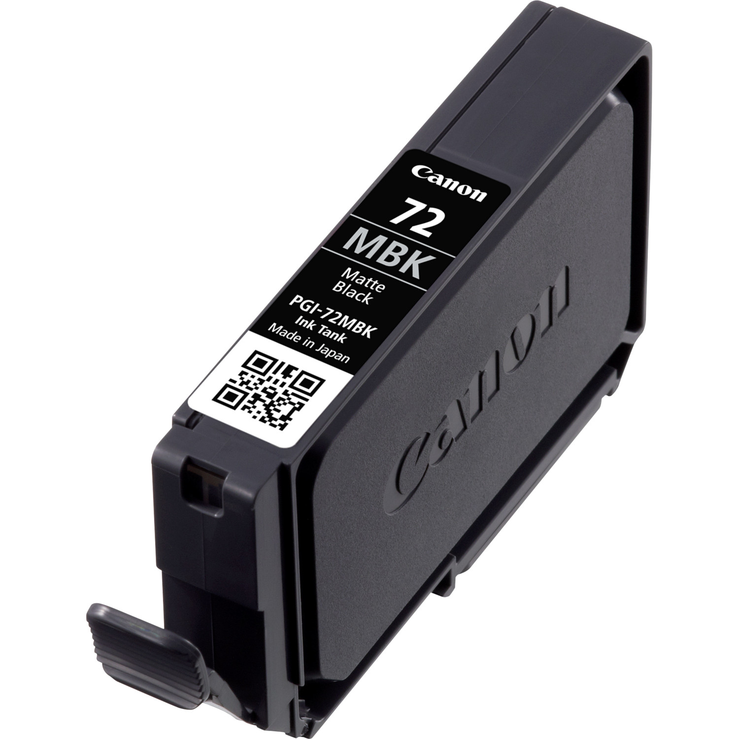 Canon 72 MBK inktcartridge. Zwarte inktcartridge met QR-code en het Canon logo.
