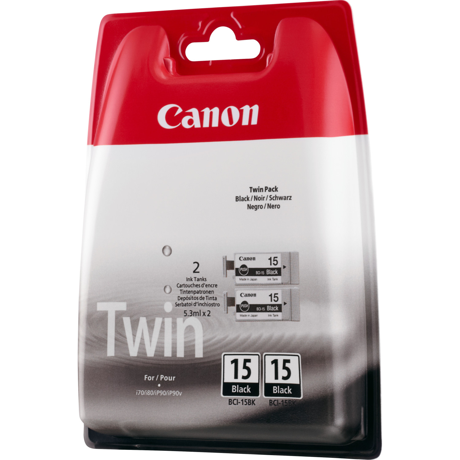 Canon twin pack inktcartridges. Twee zwarte inktcartridges in een rood-witte verpakking. Witte achtergrond.