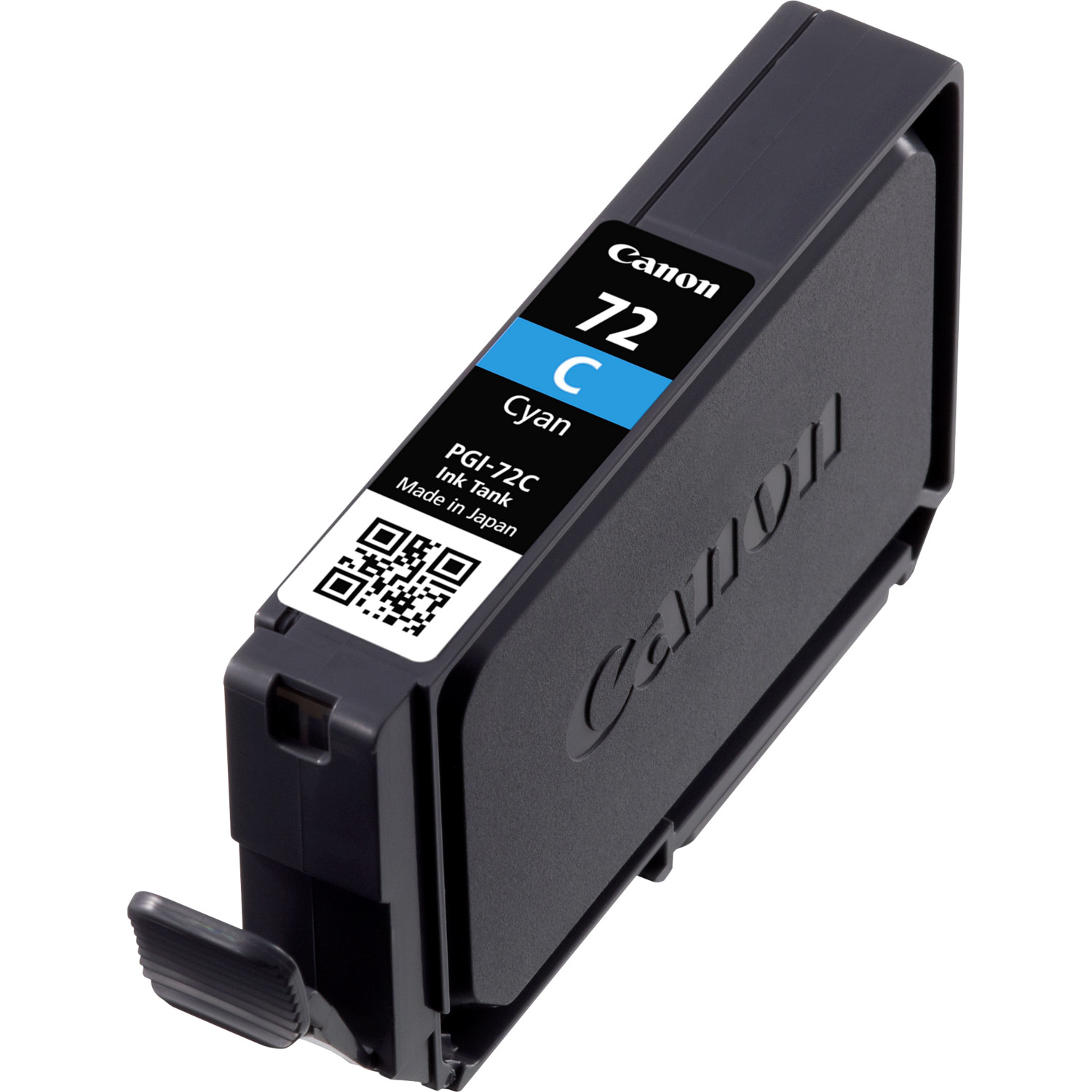 Cartucho de tinta cian Canon 72 con código QR y marca, sobre fondo blanco.