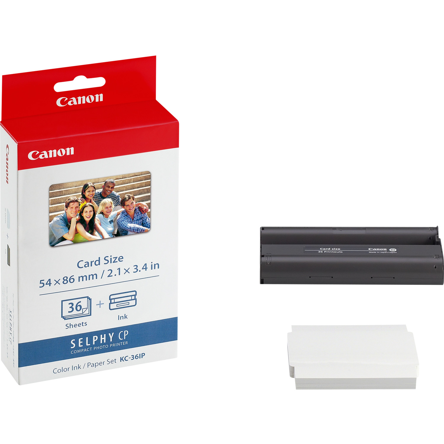Een Canon SELPHY CP compacte fotoprinterset. Inclusief een doos, printerpapier en inktcartridges.