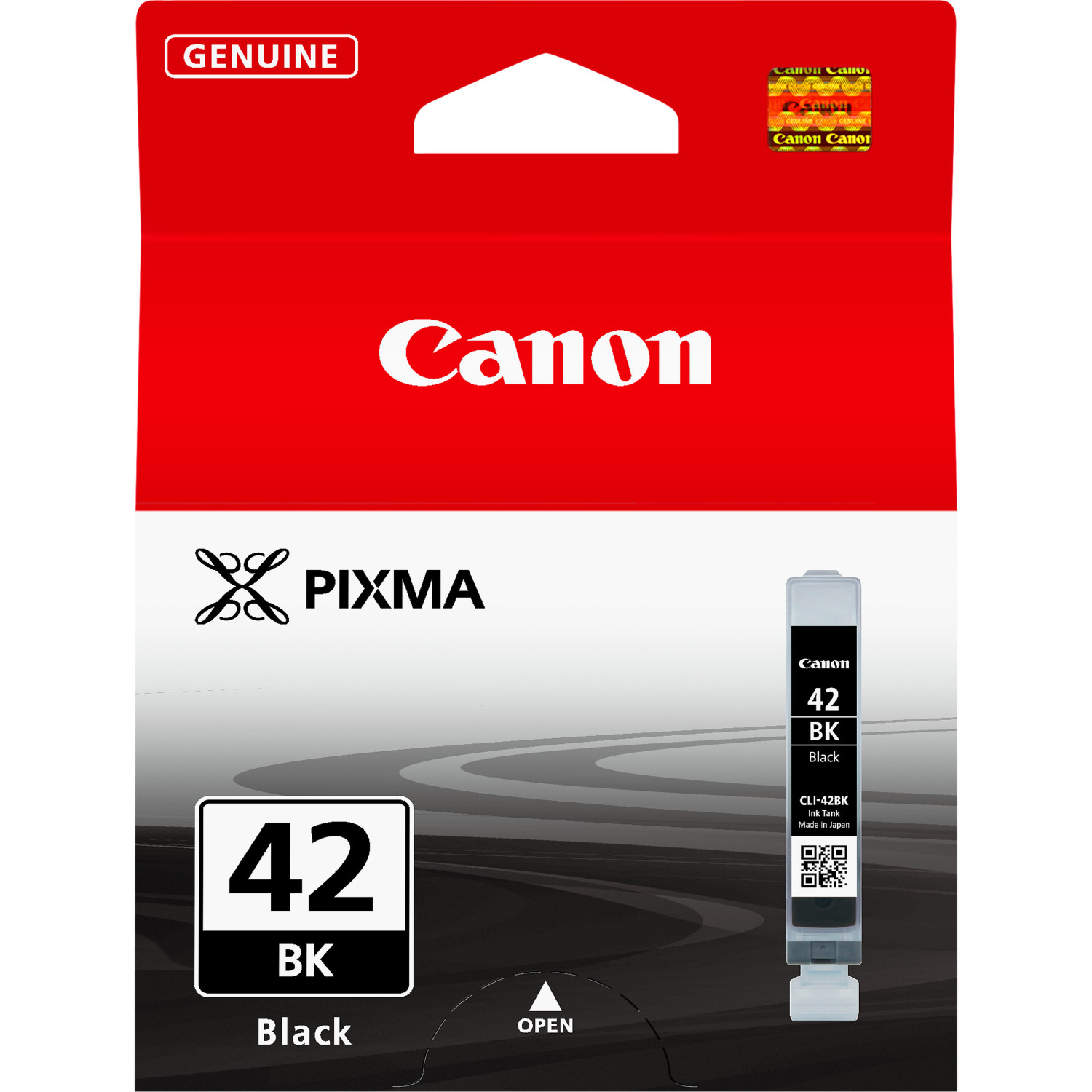 Un paquete de cartuchos de tinta Canon. El paquete es rojo y contiene un cartucho de tinta negra. El fondo es blanco.
