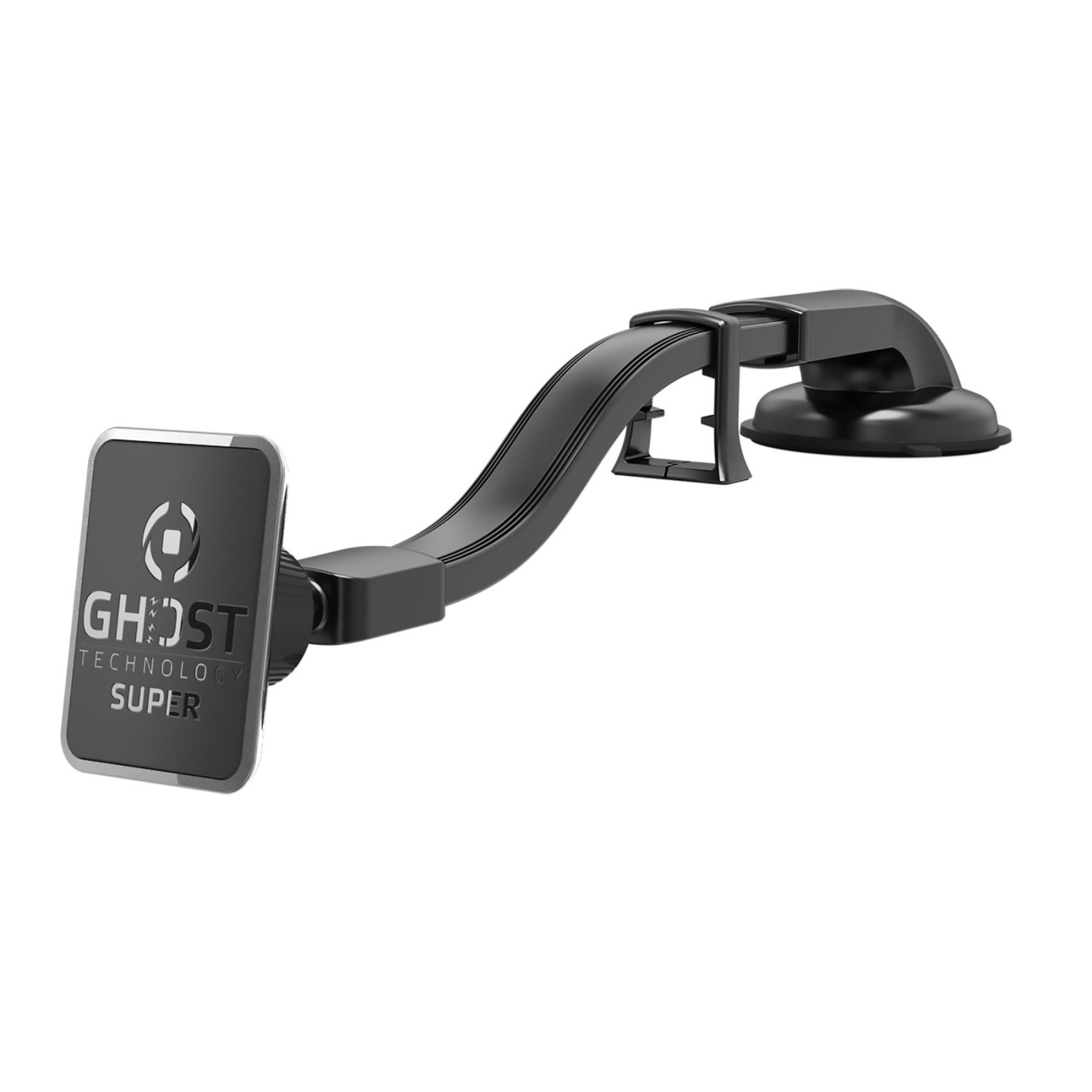 Ein schwarzer Autotelefonhalter mit Saugnapfbasis und gebogenem Arm, mit dem Markennamen 'GHOST'.