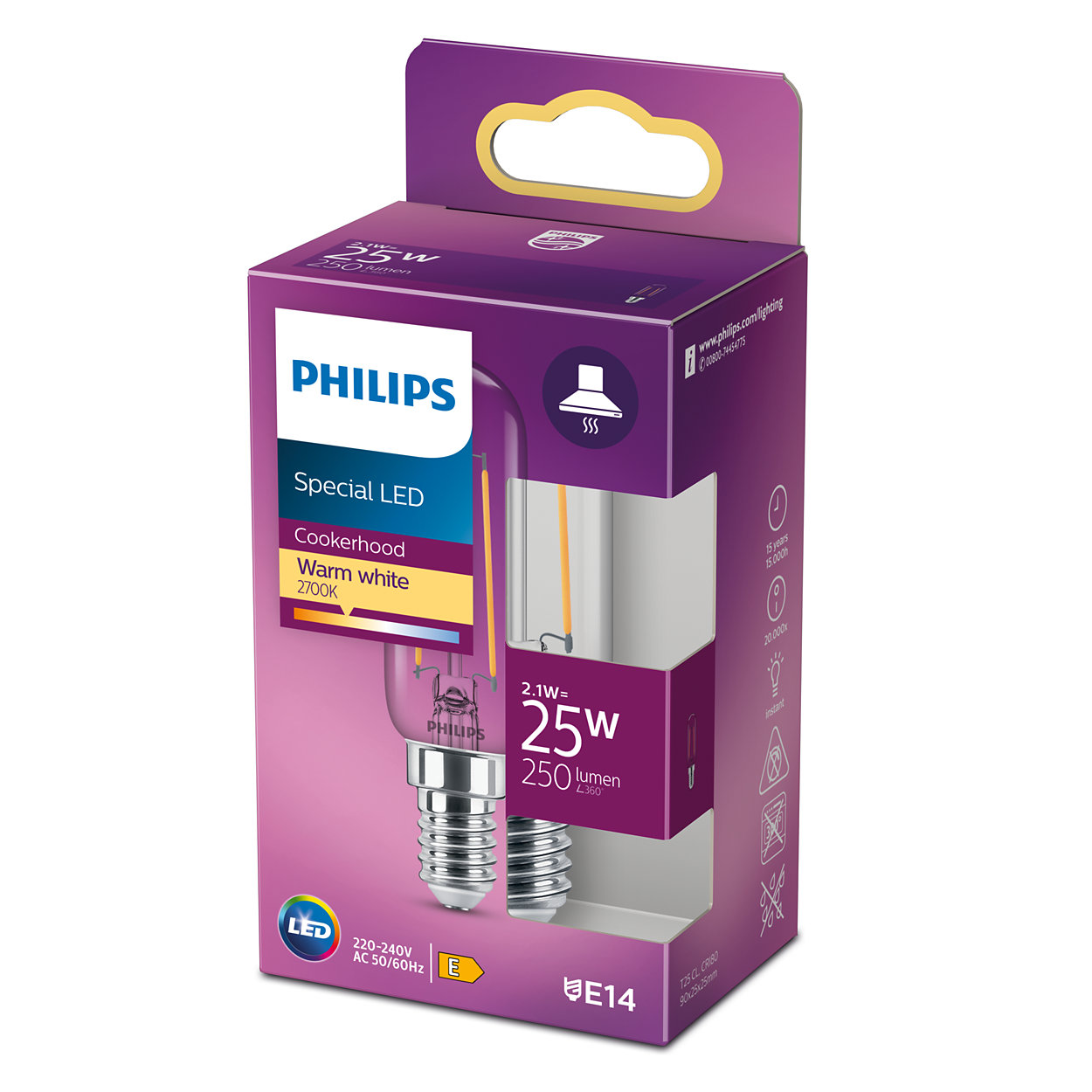 Een Philips LED-lamp in een doos. De doos is paars. De lamp zit in de doos.