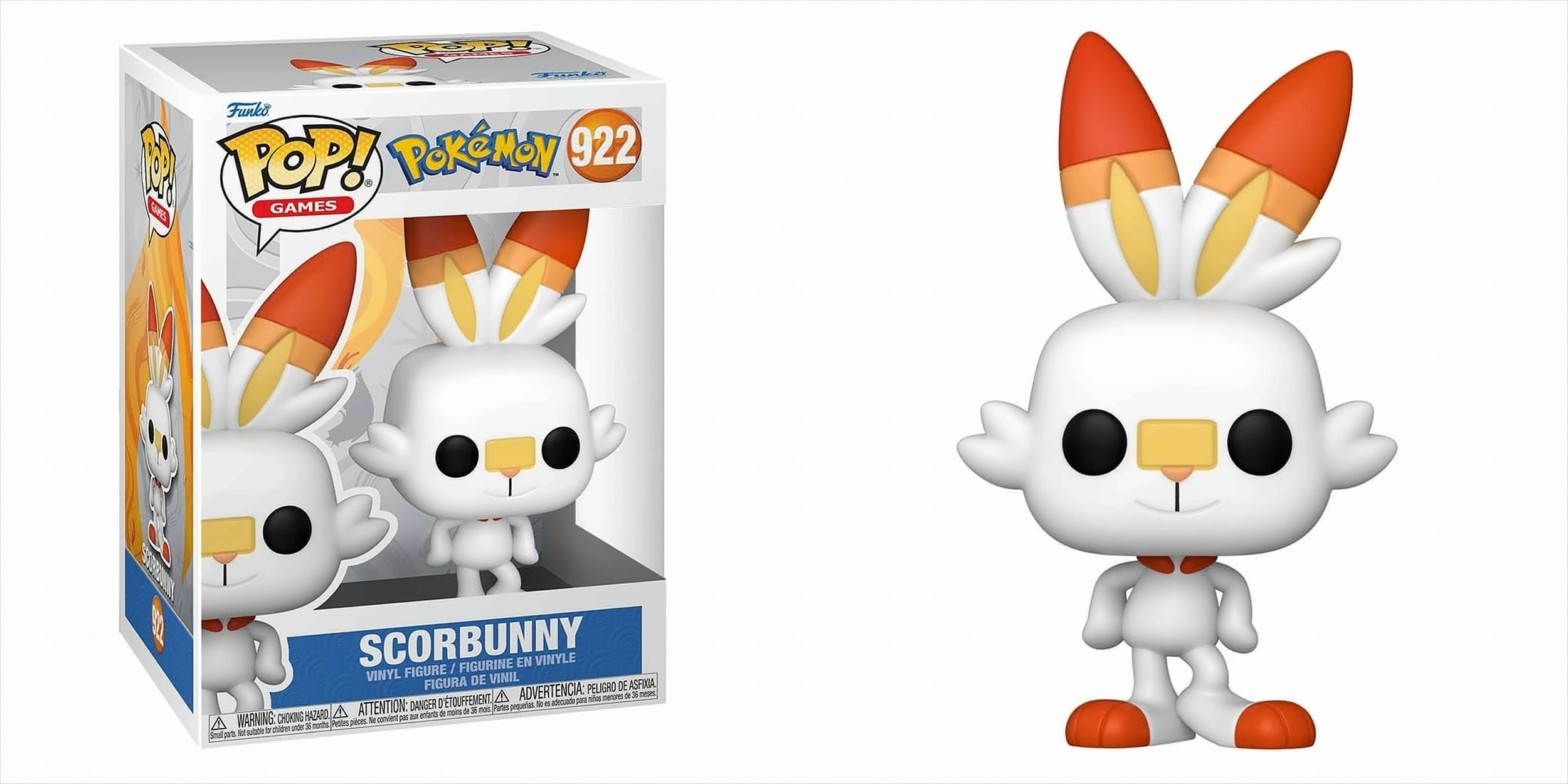 Figurka Scorbunny z Pokémonów, z pudełkiem. Scorbunny jest biały i pomarańczowy, stoi.