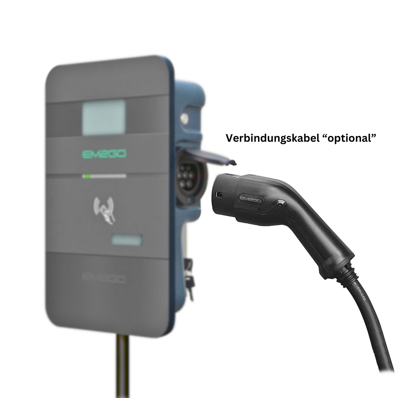 Ein EV-Ladegerät mit angeschlossenem Ladekabel. Text: 'Verbindungskabel optional'.