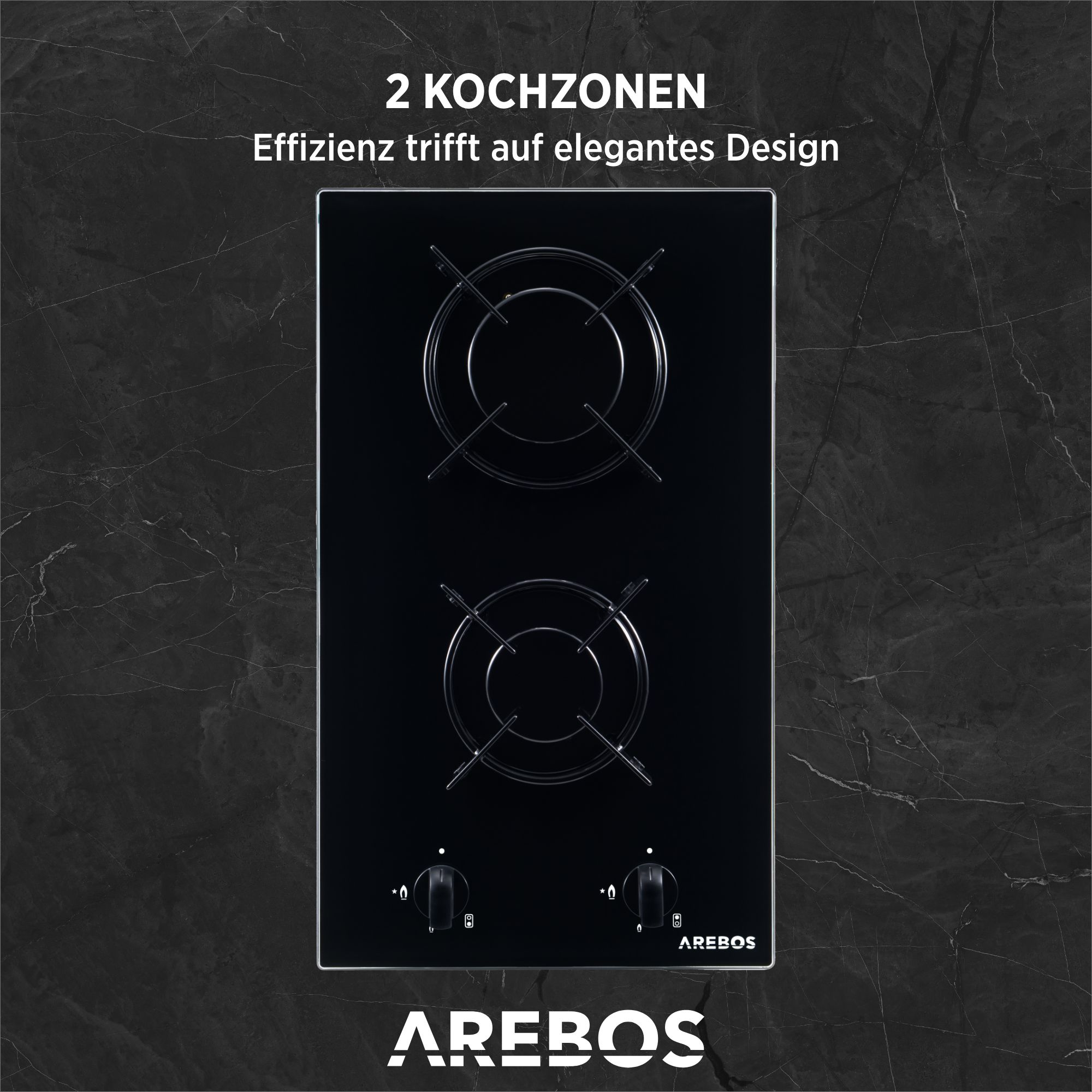 Ein schwarzes Gas-Kochfeld mit zwei Kochstellen. Es hat zwei Brenner und Knöpfe, ein elegantes Design.