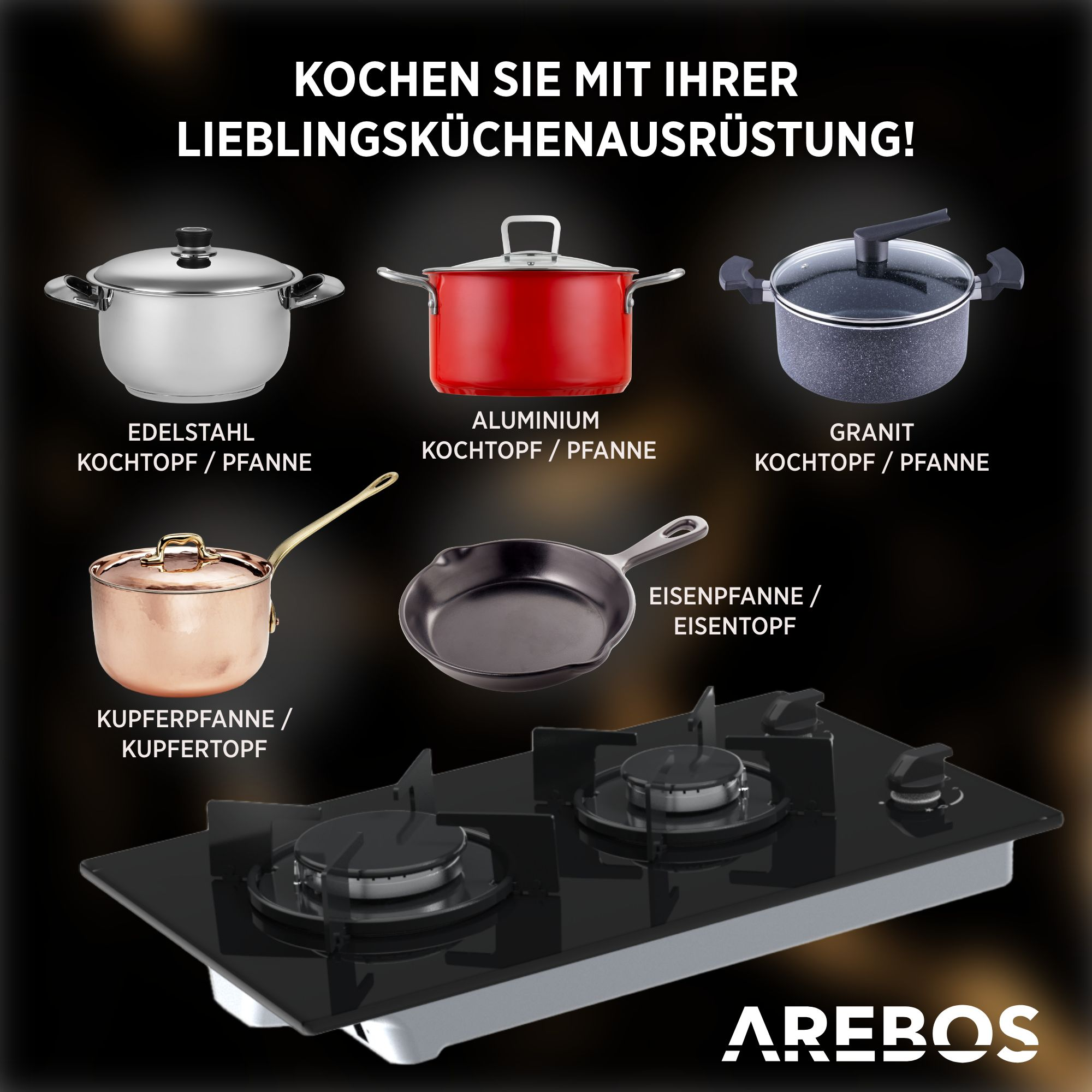 Verschiedene Töpfe auf schwarzem Hintergrund. Text lautet: "Kochen Sie mit Ihrer Lieblingsküchenausrüstung!"