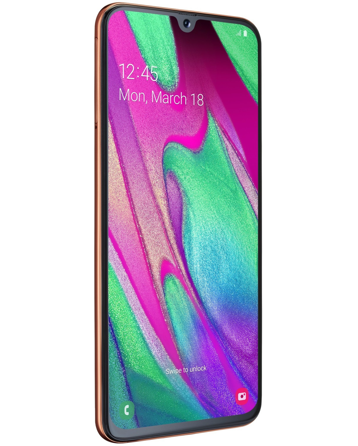 Ein Samsung-Smartphone mit einem pink-lila Farbverlauf-Bildschirm, abgewinkelt, vor weißem Hintergrund.